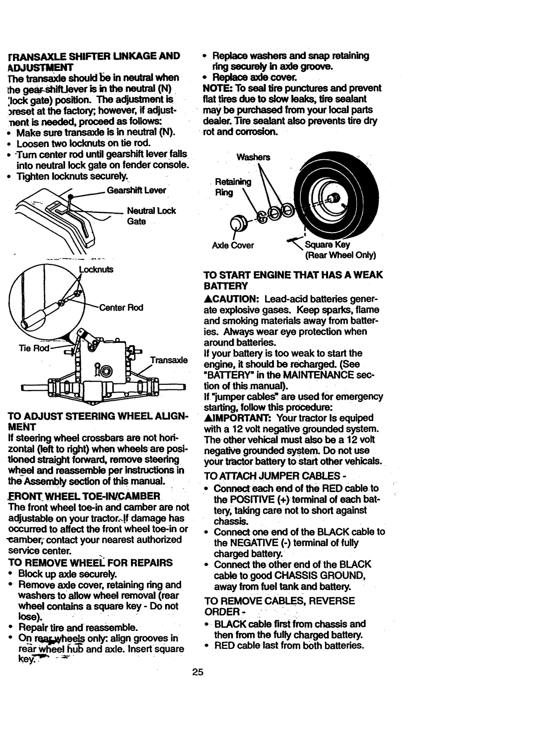 Craftsman 917.270711 owner manual lose, •Replaceaxlecover, the-Assemblysectionof this manual, ringsecurelyin axle groove 