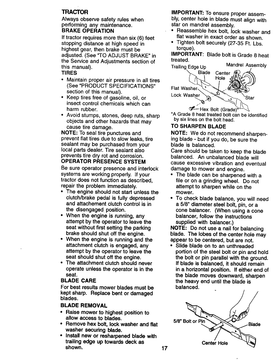 Craftsman 917.270732 owner manual Operator Presence System, Blade Care, Blade Removal, To Sharpen Blade 