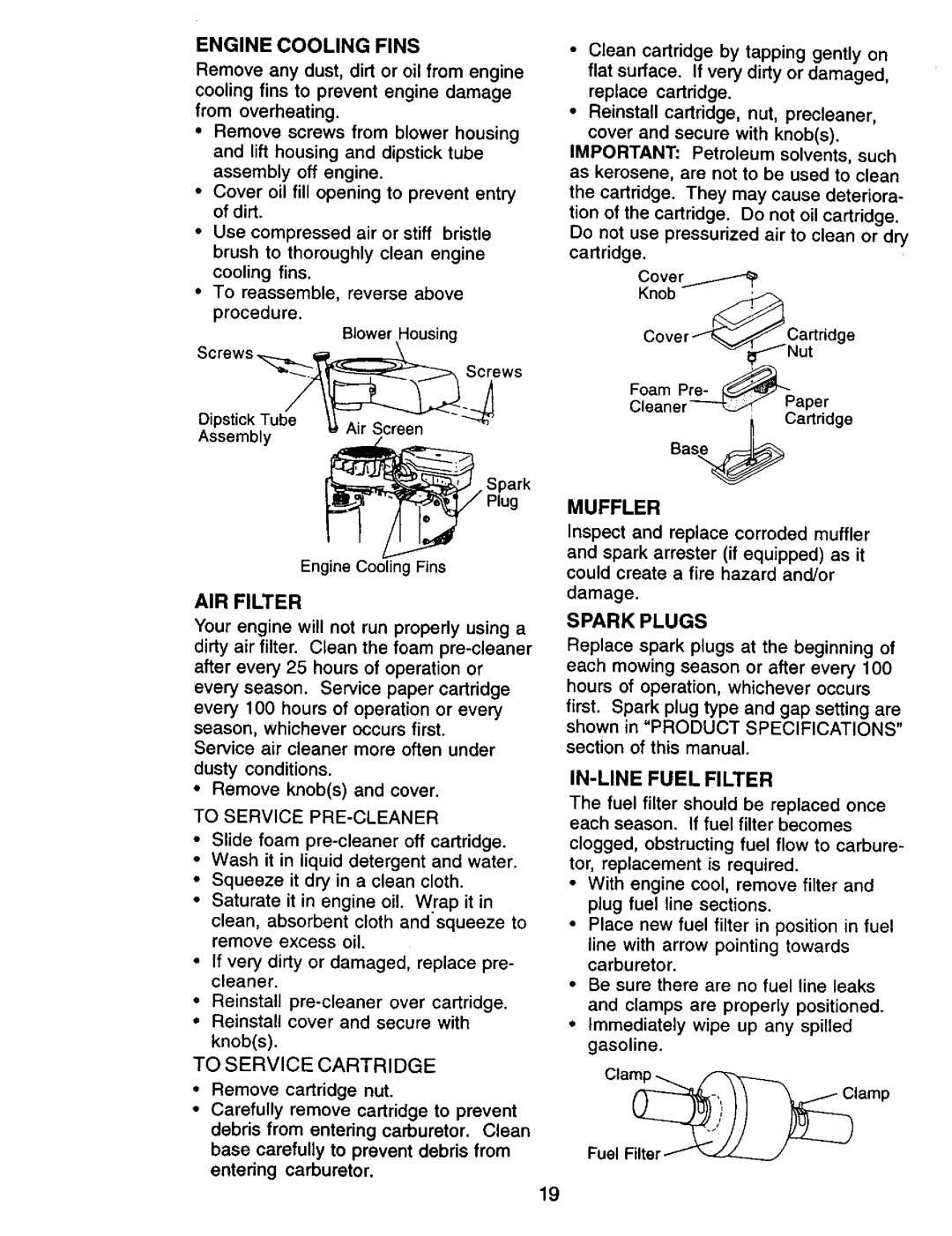 Craftsman 917.270732 owner manual IN-LINE Fuel Filter, Engine Cooling Fins, AIR Filter, Muffler, Spark Plugs 