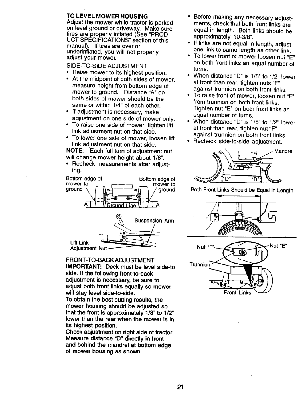 Craftsman 917.270732 owner manual To Level Mower Housing, SIDE-TO-SIDE Adjustment, GroundUneV.T-EA, Front Links 