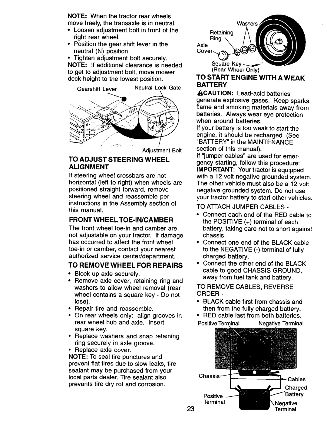 Craftsman 917.270732 To Adjust Steering Wheel Alignment, Front Wheel TOE-IN/CAMBER, To Remove Wheel for Repairs 