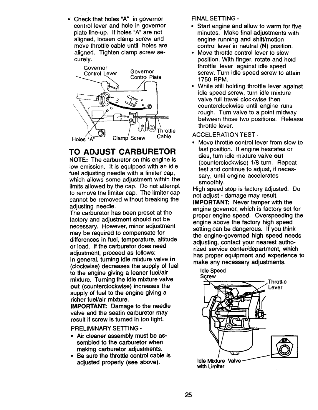 Craftsman 917.270732 owner manual Preliminary Setting, Final Setting, Acceleration Test, Idle Mixture valve 