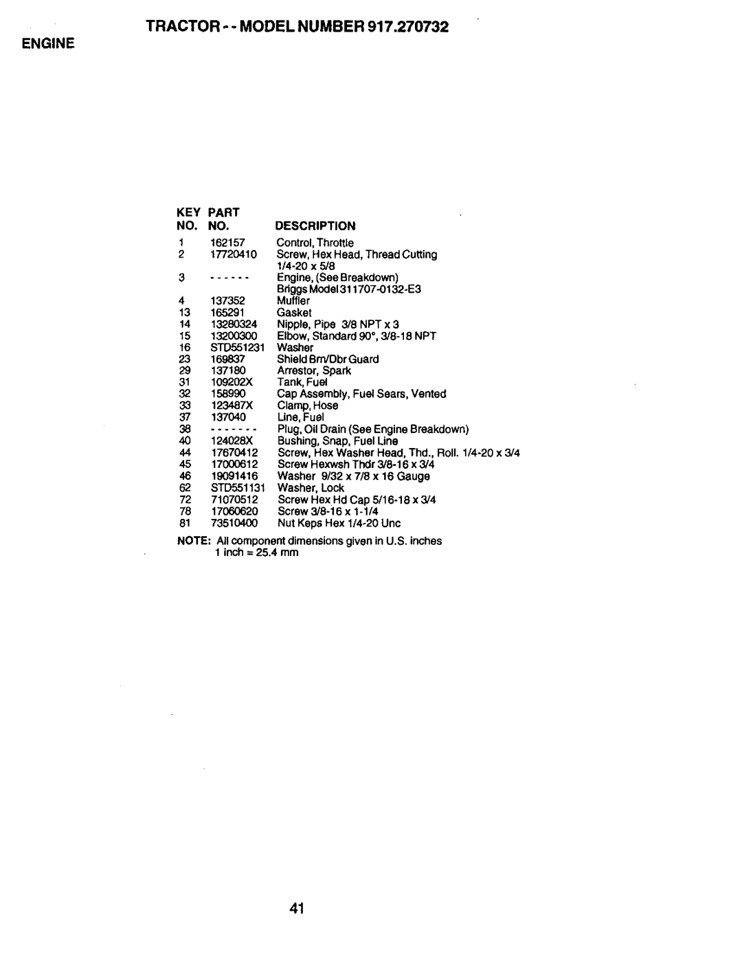 Craftsman 917.270732 owner manual Plug, Oil Drain See Engine Breakdown, Bushing, Snap, Fuel Line 