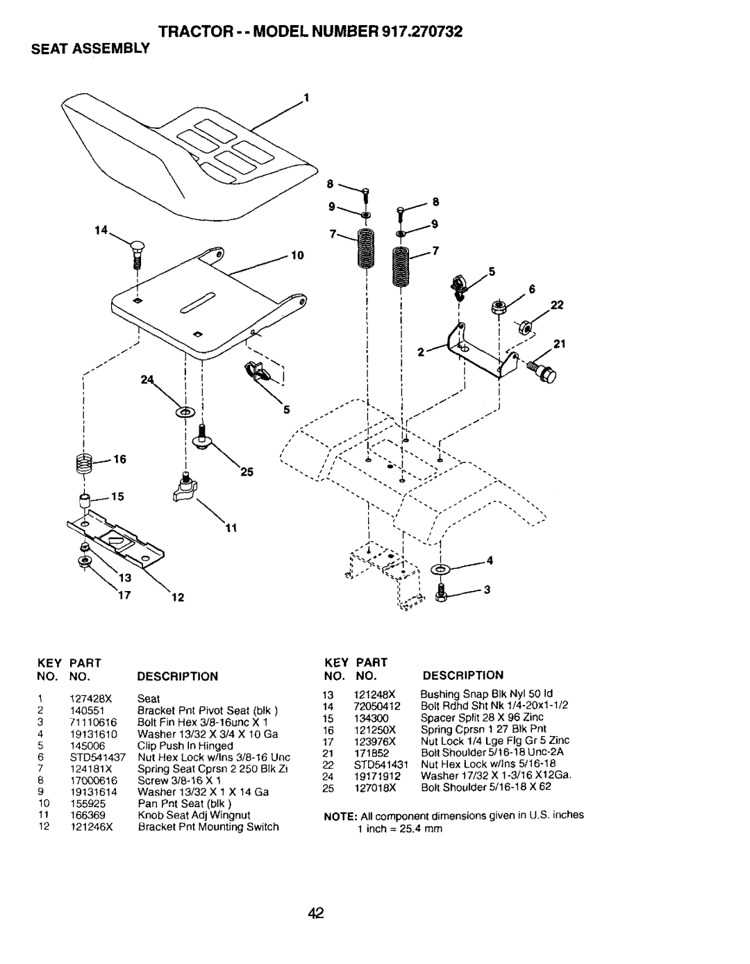 Craftsman 917.270732 owner manual Tractor --MODEL Number Seat Assembly, Key 