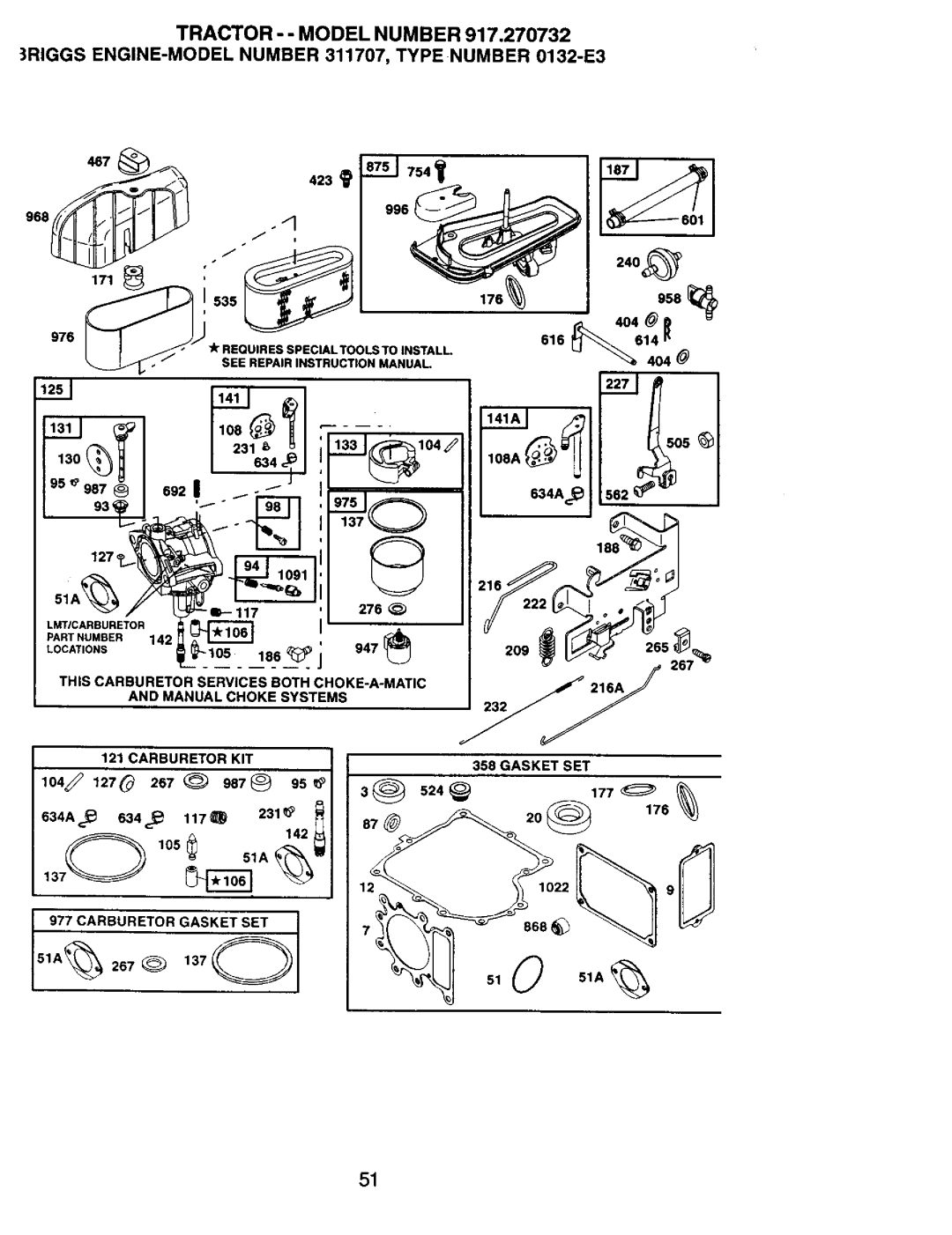 Craftsman 917.270732 owner manual Manual Choke Systems Carburetor GA.SKETSET 