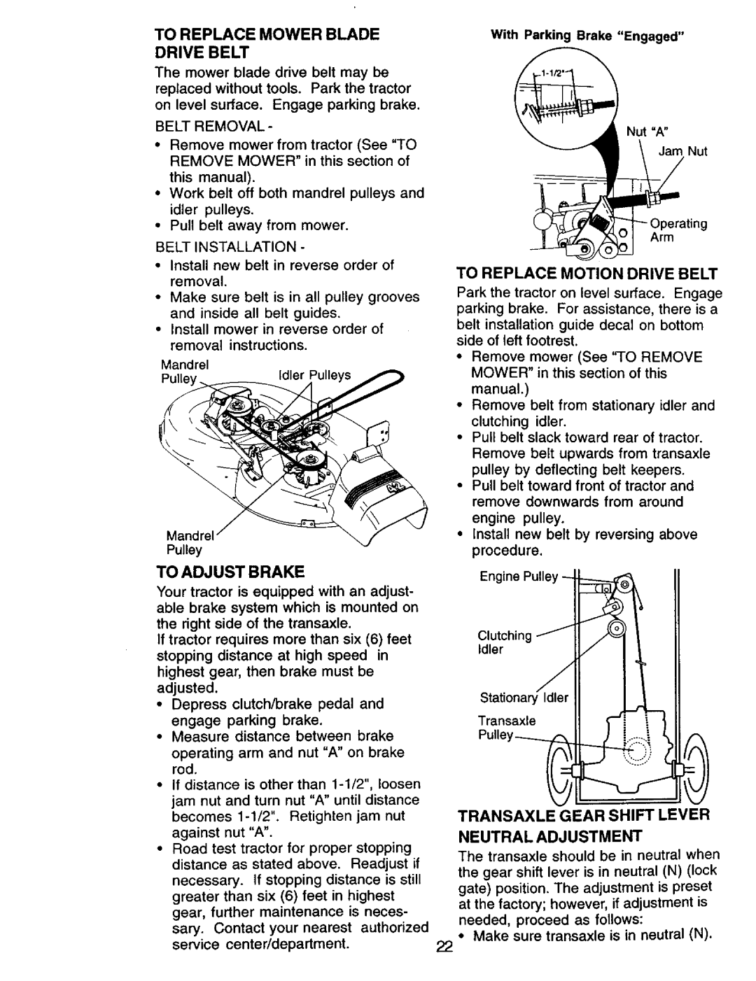 Craftsman 917.270732 owner manual To Adjust Brake, To Replace Mower Blade Drive Belt, To Replace Motion Drive Belt 