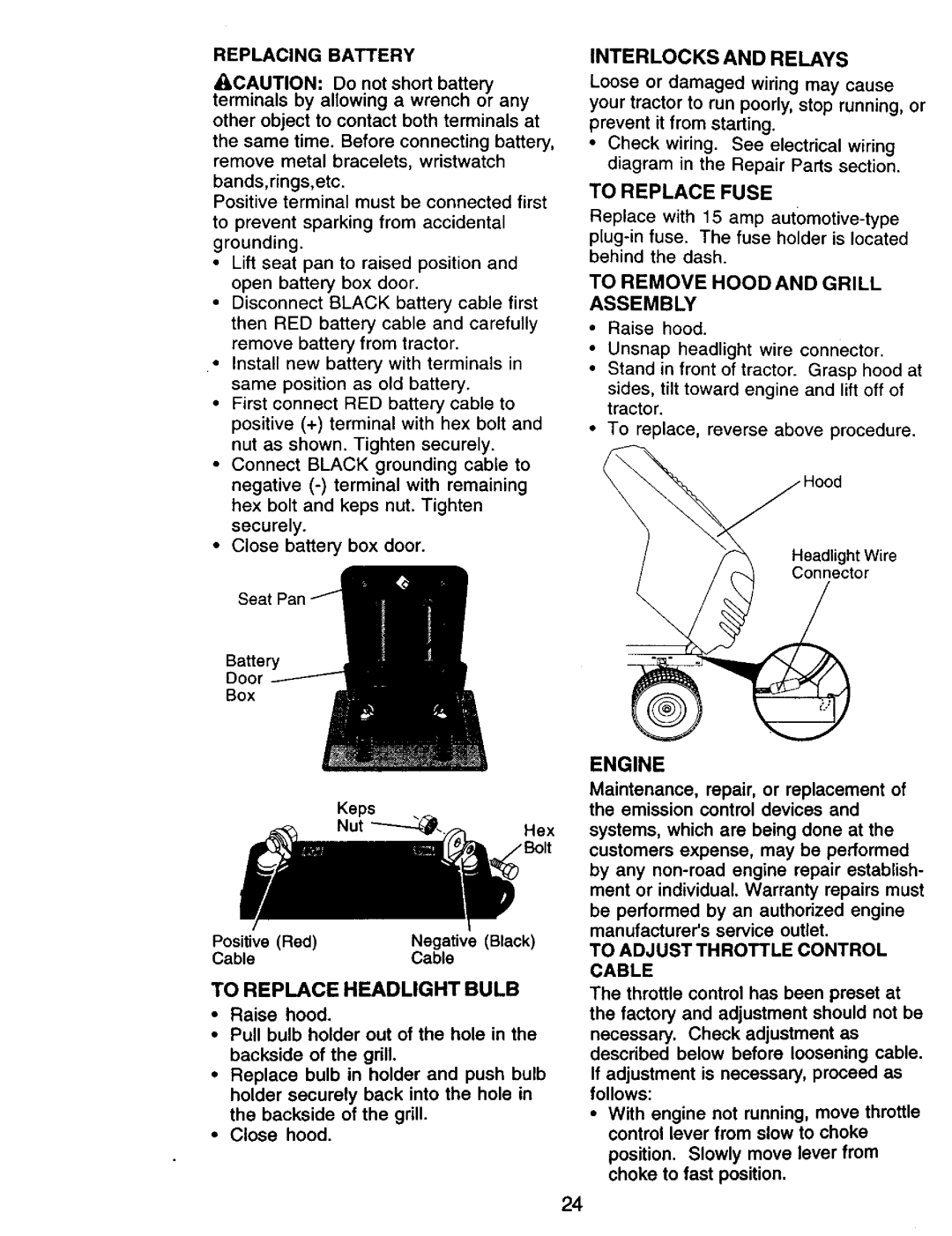 Craftsman 917.270732 owner manual To Replace Headlight Bulb, To Remove Hoodand Grill Assembly, Engine 