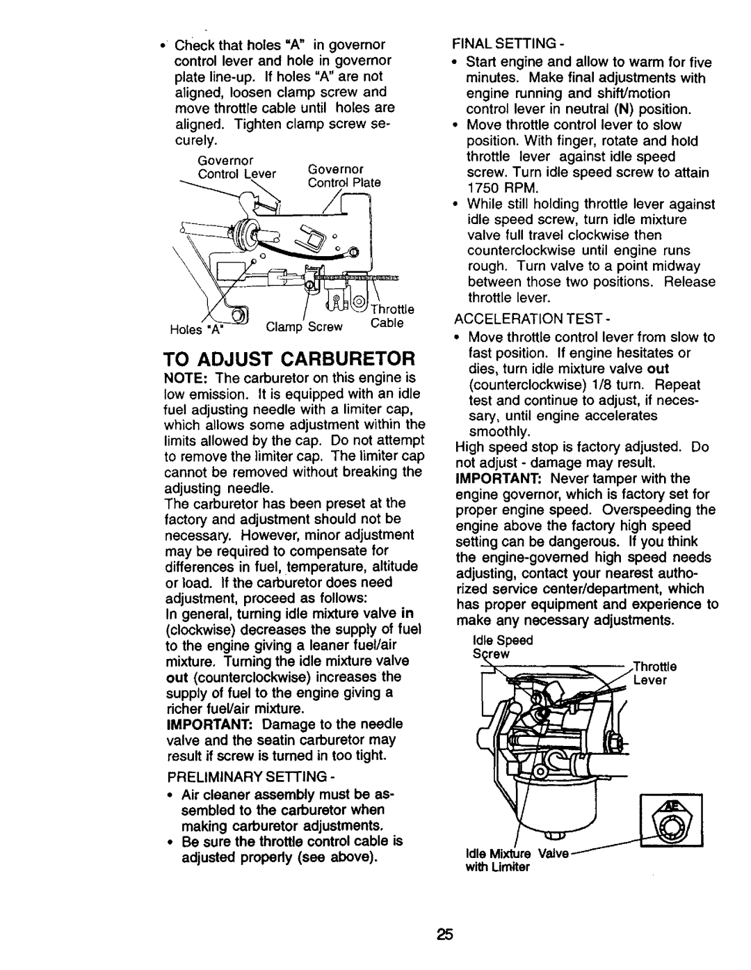 Craftsman 917.270732 owner manual To Adjust Carburetor 