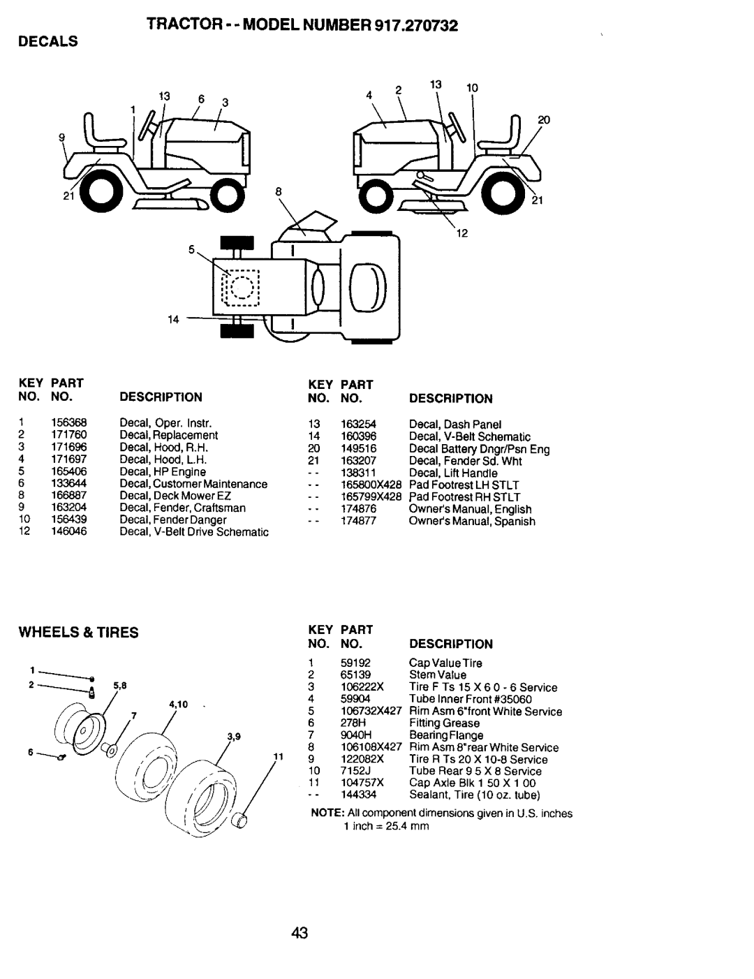 Craftsman 917.270732 owner manual Tractor - - Model Number, Decals, Wheels, Tires 