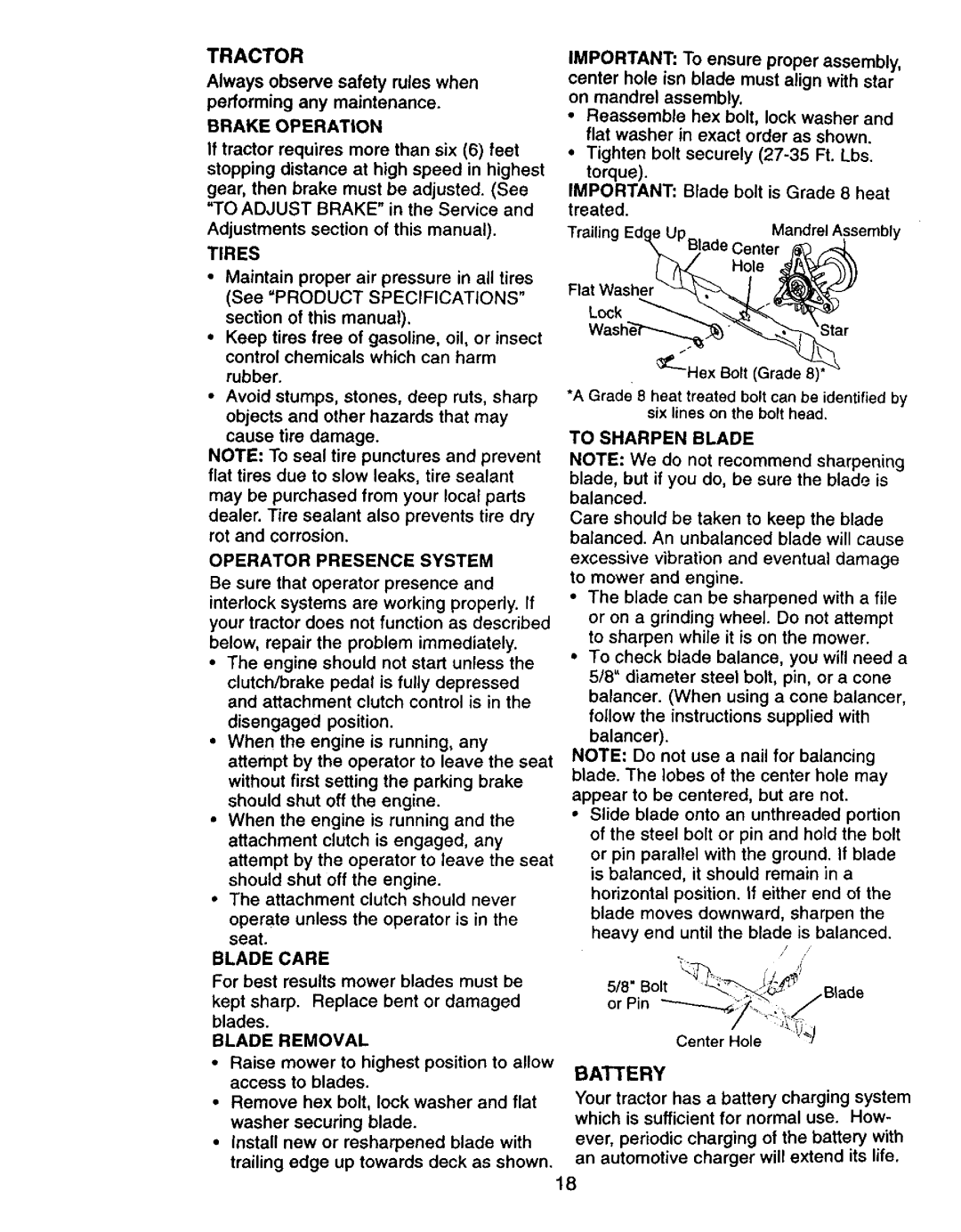 Craftsman 917.27075 owner manual Tractor, Battery 