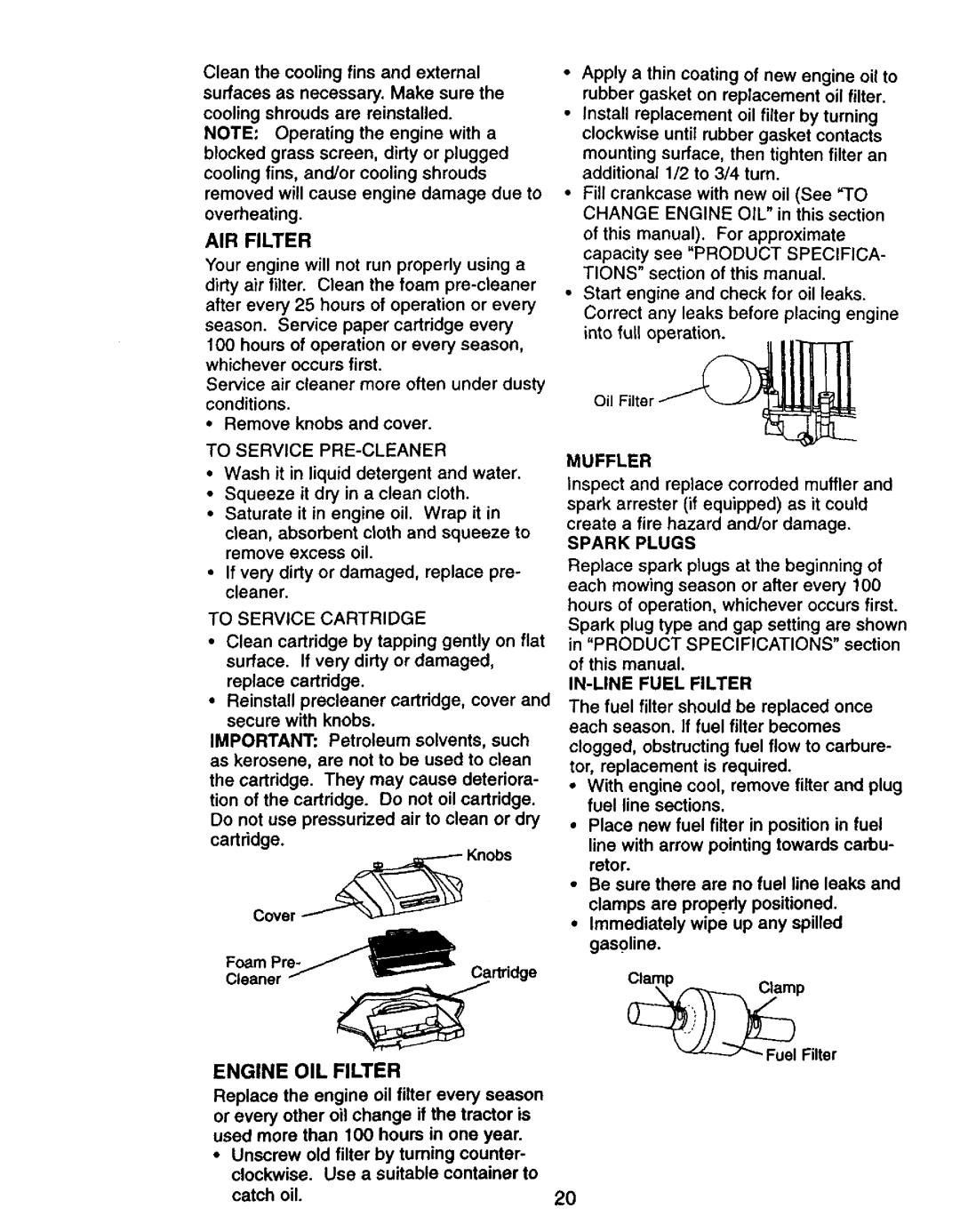 Craftsman 917.27075 owner manual Engine OIL Filter, AIR Filter, Muffler, Spark Plugs, IN-LINE Fuel Filter 