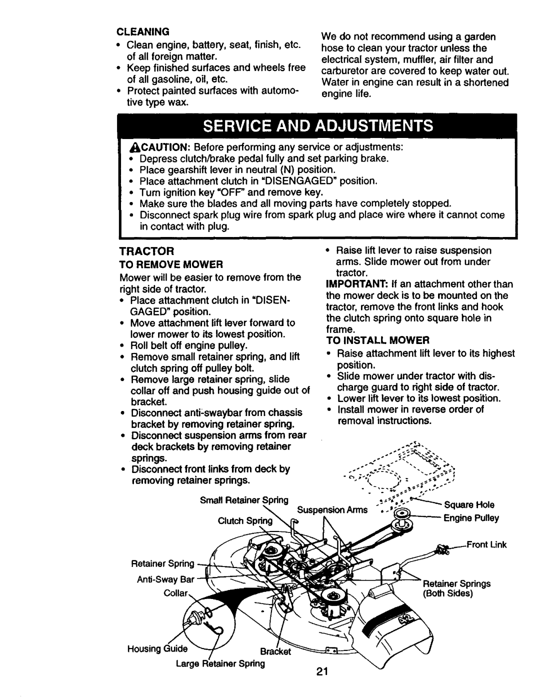 Craftsman 917.27075 owner manual Tractor, Cleaning, To Remove Mower, To Install Mower 