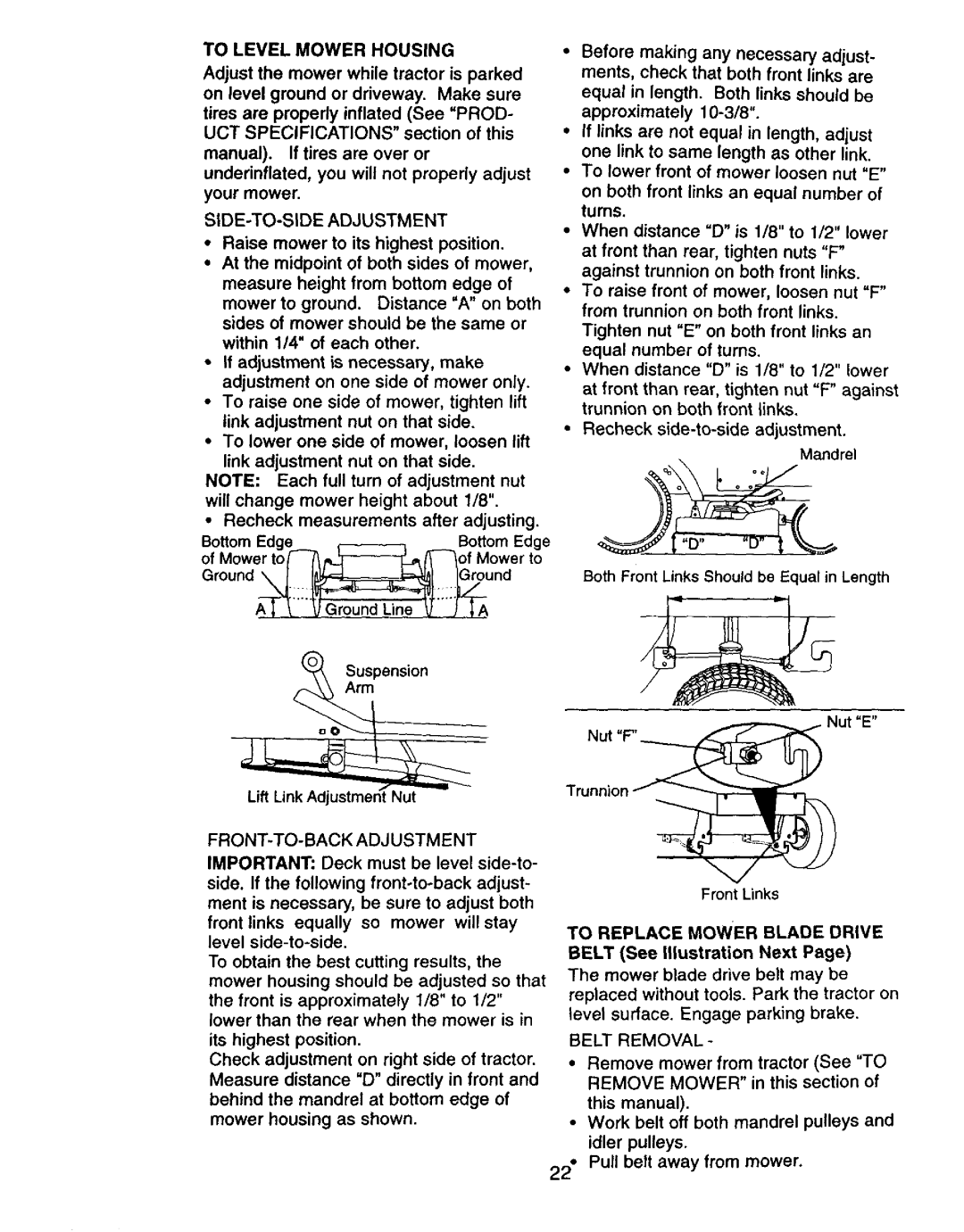 Craftsman 917.27075 owner manual SIDE-TO-SIDE Adjustment, BottomEdge, Nut F, FRONT-TO-BACK Adjustment, Belt Removal 