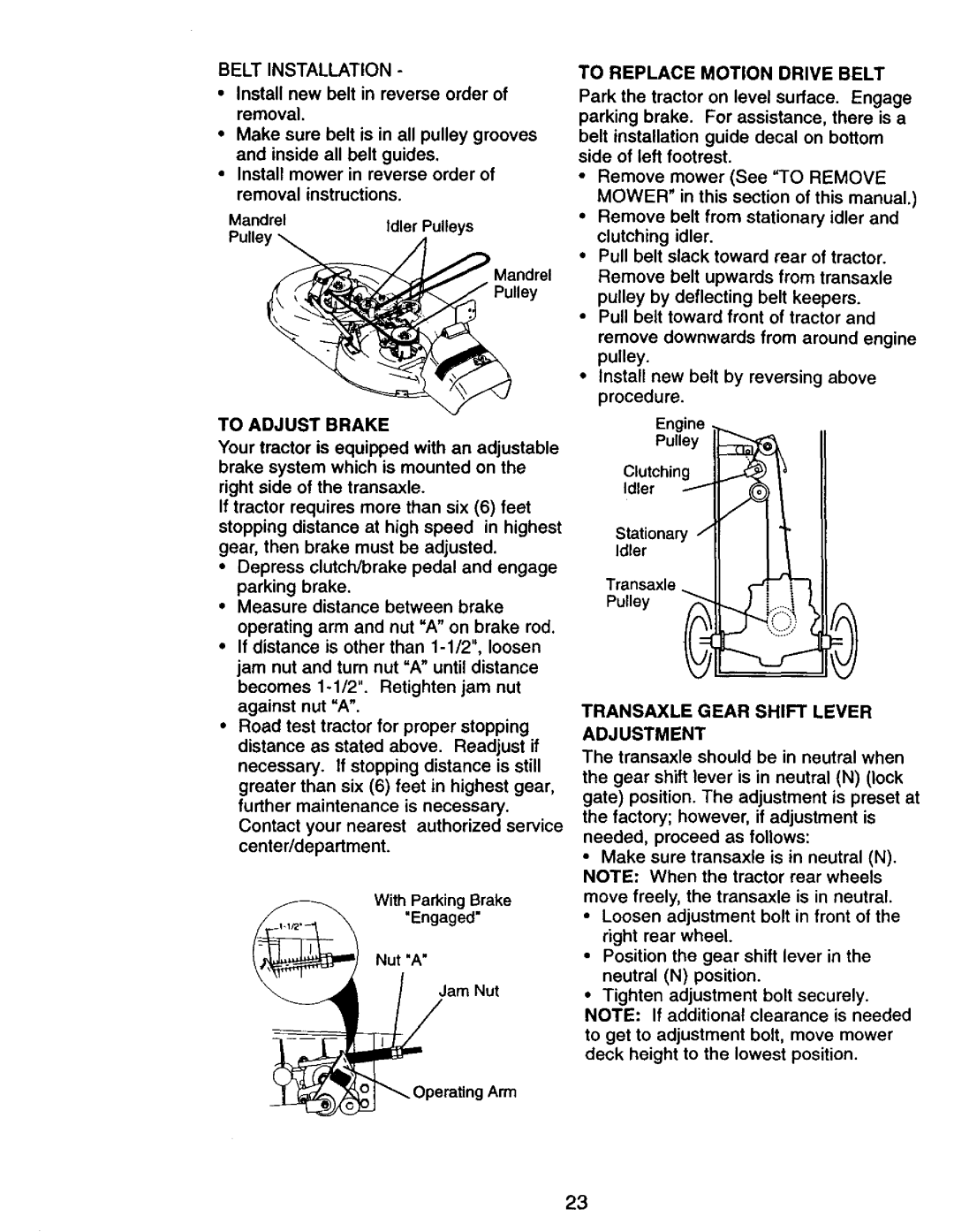 Craftsman 917.27075 owner manual Belt Installation, To Adjust Brake, To Replace Motion Drive Belt 