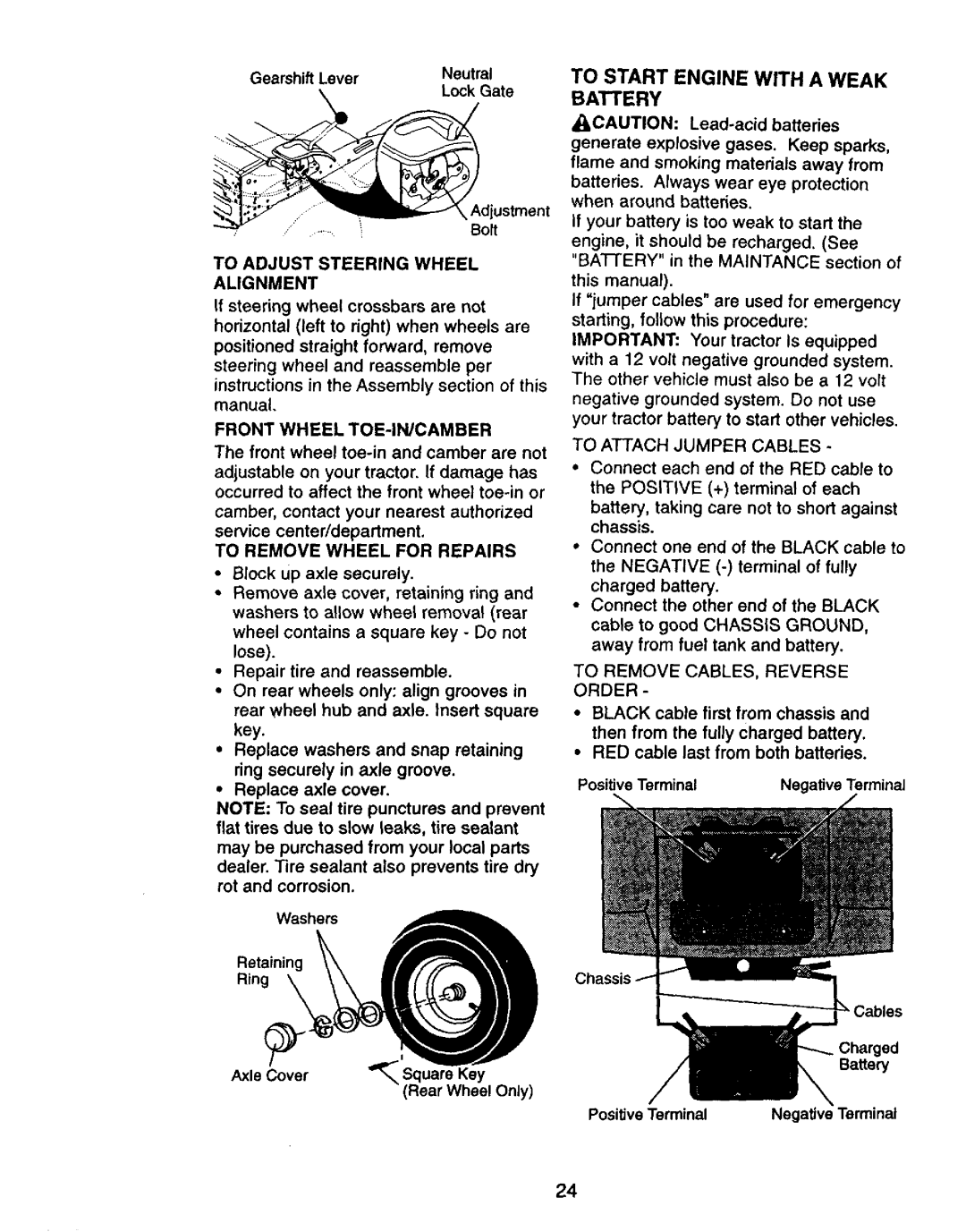 Craftsman 917.27075 To Start Engine with a Weak Battery, To Adjust Steering Wheel Alignment, To Remove Wheel for Repairs 