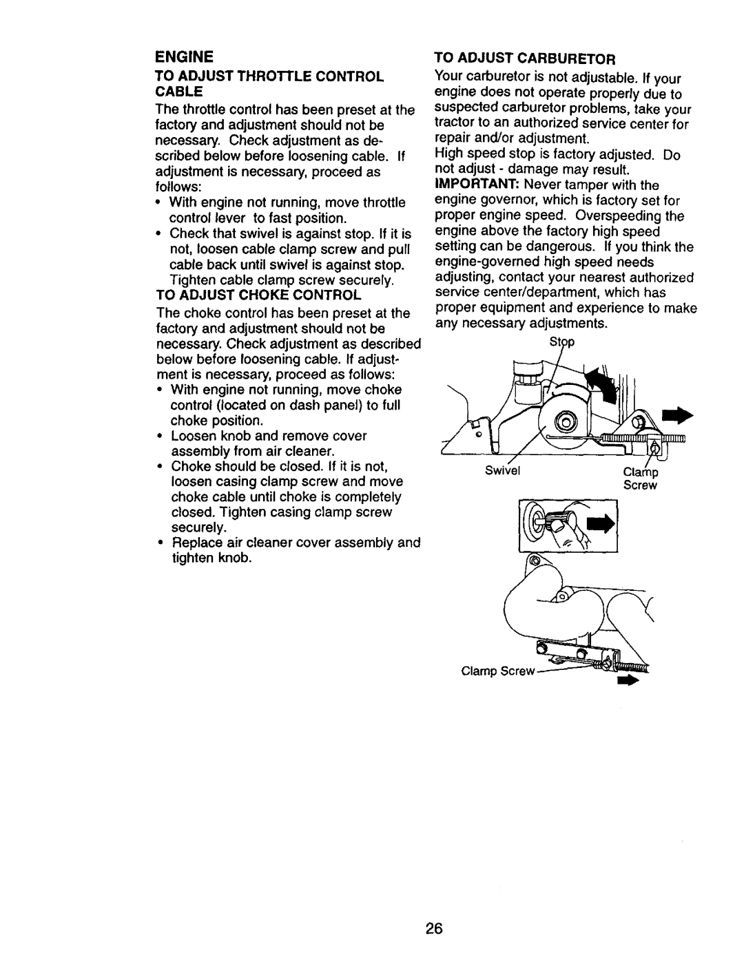 Craftsman 917.27075 owner manual Engine, To Adjust Throttle Control Cable, To Adjust Choke Control, To Adjust Carburetor 