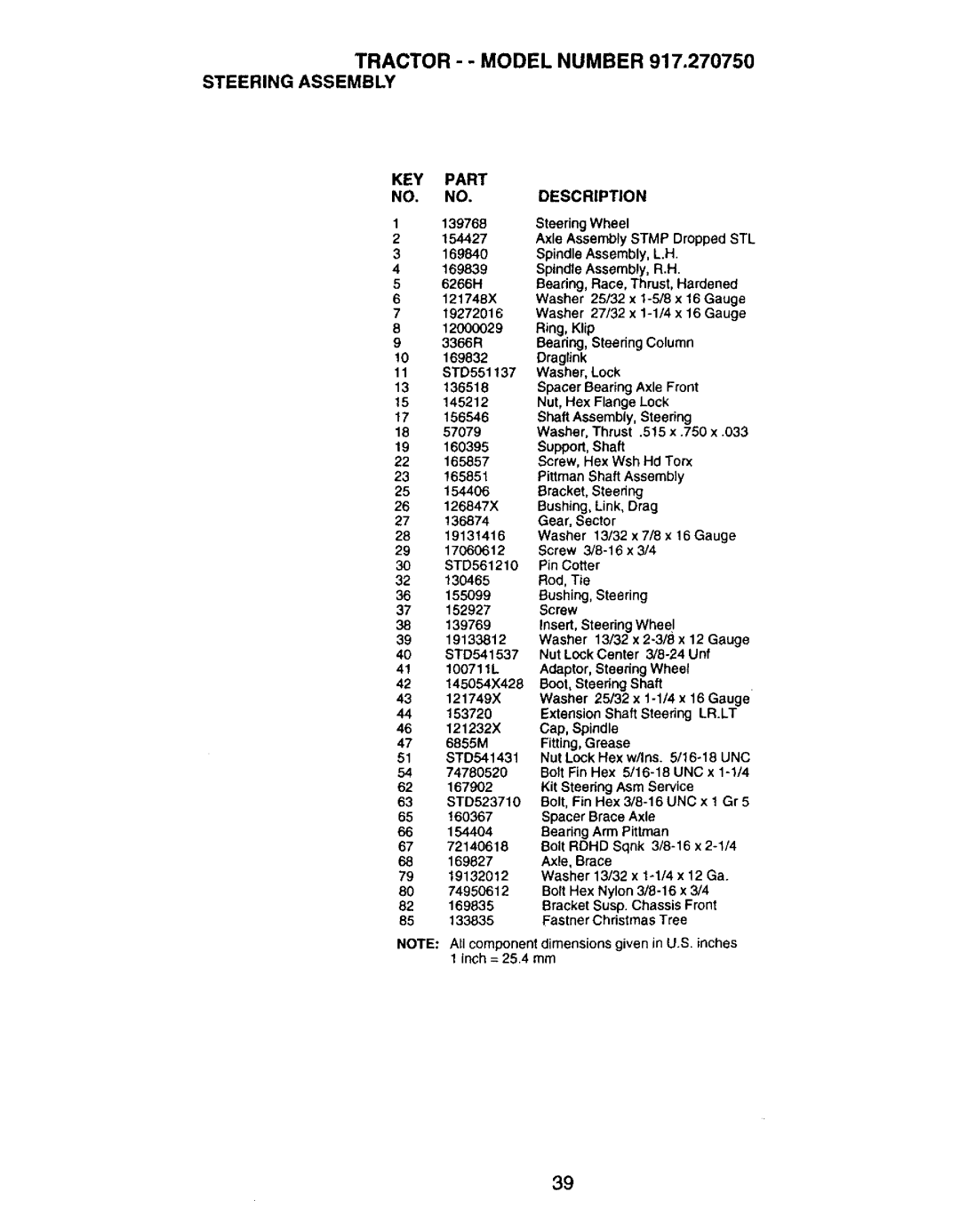 Craftsman 917.27075 owner manual Tractor - Model Number Steering Assembly, KEY Part NO. no 