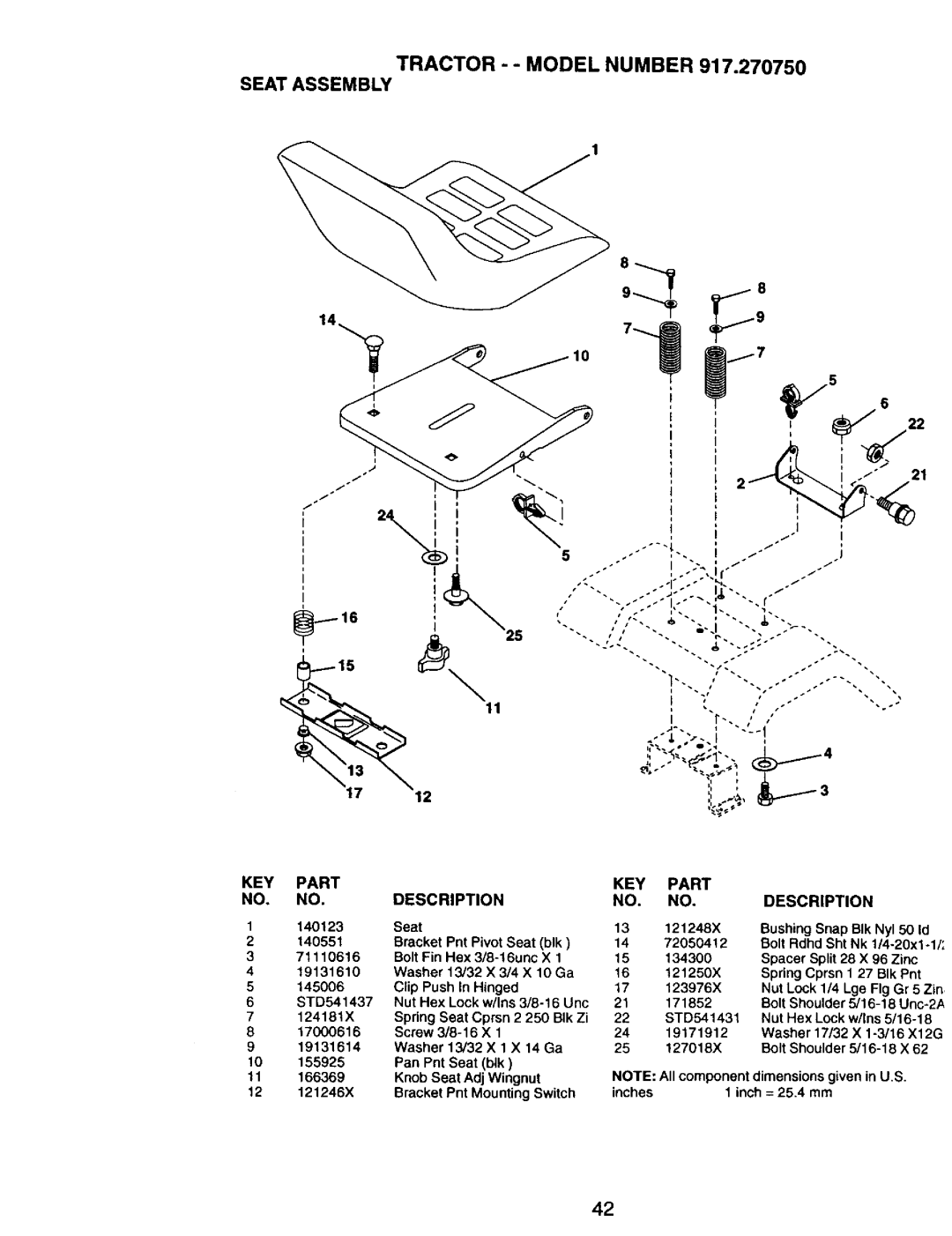 Craftsman 917.27075 owner manual Tractor - Model Number Seat Assembly, 71110616 