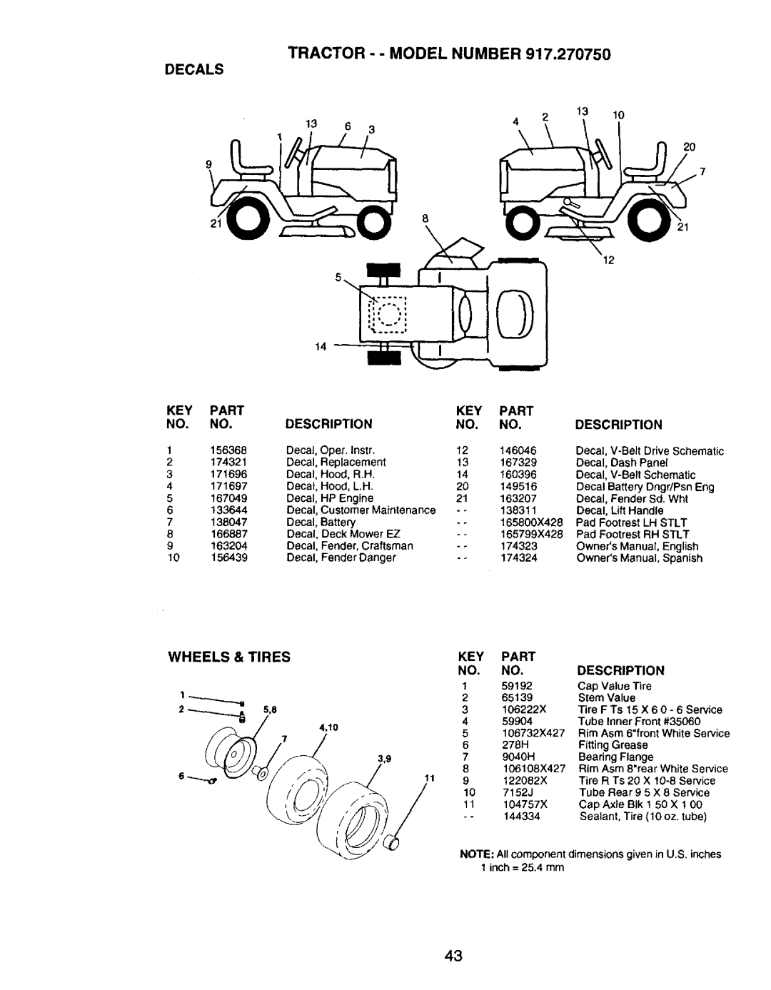 Craftsman 917.27075 owner manual Tractor - Model Number Decals, Wheels Tires 