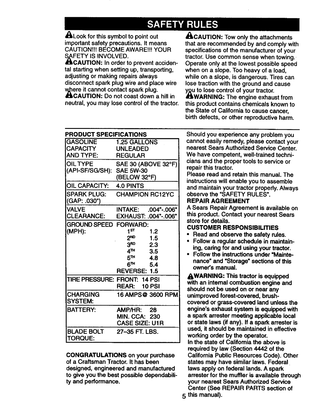 Craftsman 917.27075 Fety is Involved, Api-Sf/Sg/Sh, Below, OIL Capacity Pints Spark Plug Champion RC12YC, Valve Intake 