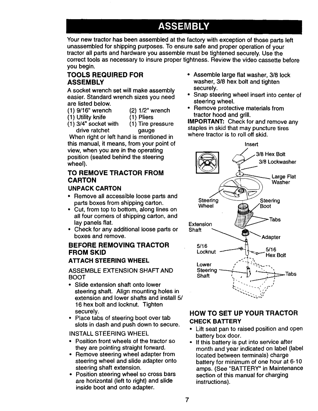 Craftsman 917.27075 To Remove Tractor from Carton, Before Removing Tractor from Skid, HOW to SET UP Your Tractor 