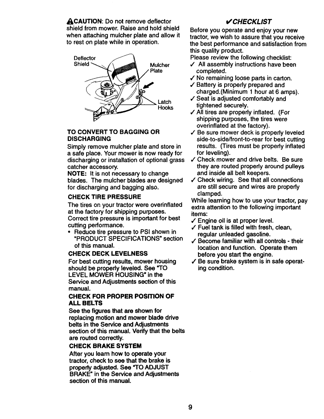 Craftsman 917.27075 To Convert to Bagging or Discharging, Check Tire Pressure, Check Deck Levelness, Check Brake System 