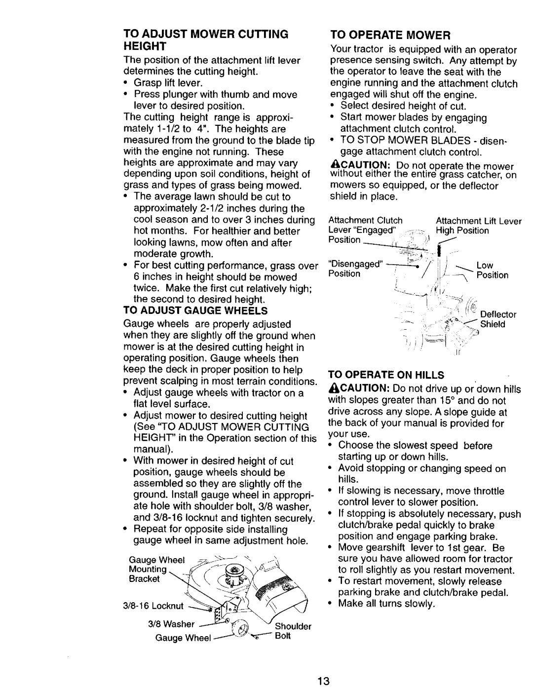 Craftsman 917.270751 To Adjust Mower Cutting To Operate Height, Acaution, To Adjust Gauge Wheels, To Operate On Hills 