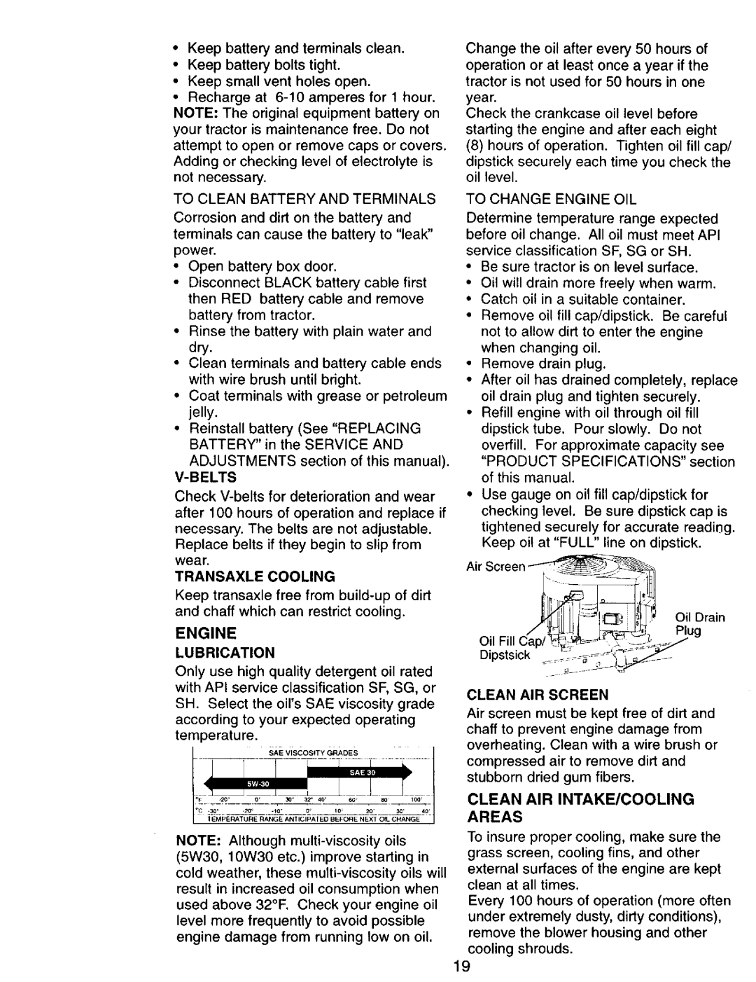 Craftsman 917.270751 owner manual Engine, Clean AIR INTAKE/COOLING Areas, Belts, Lubrication, Clean AIR Screen 