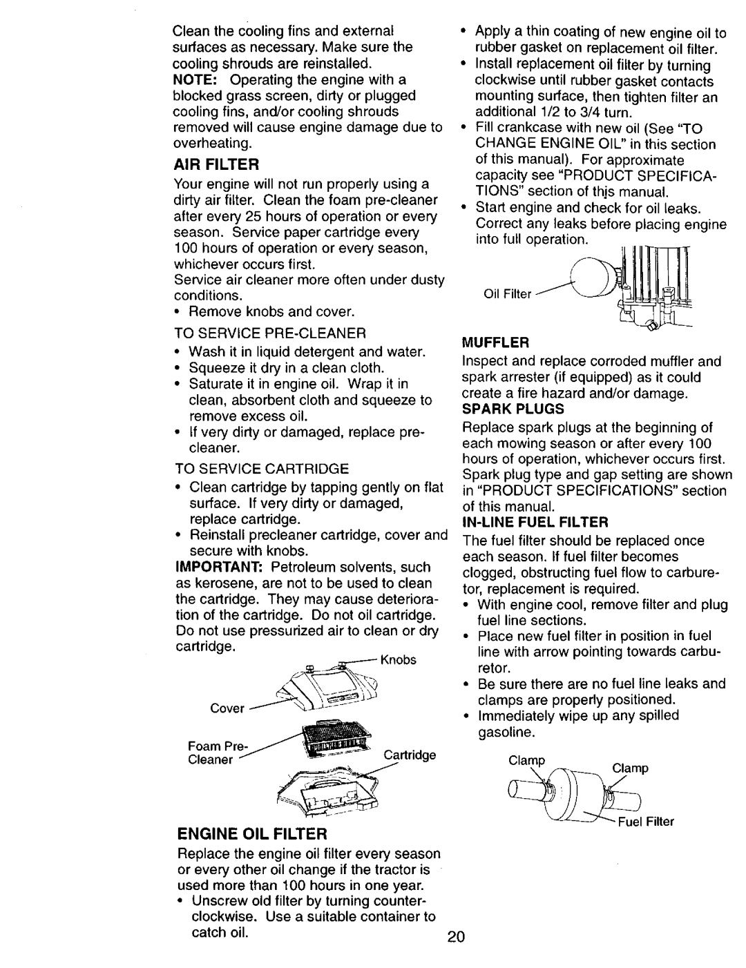 Craftsman 917.270751 owner manual AIR Filter, Engine OIL Filter, Muffler, Spark Plugs 