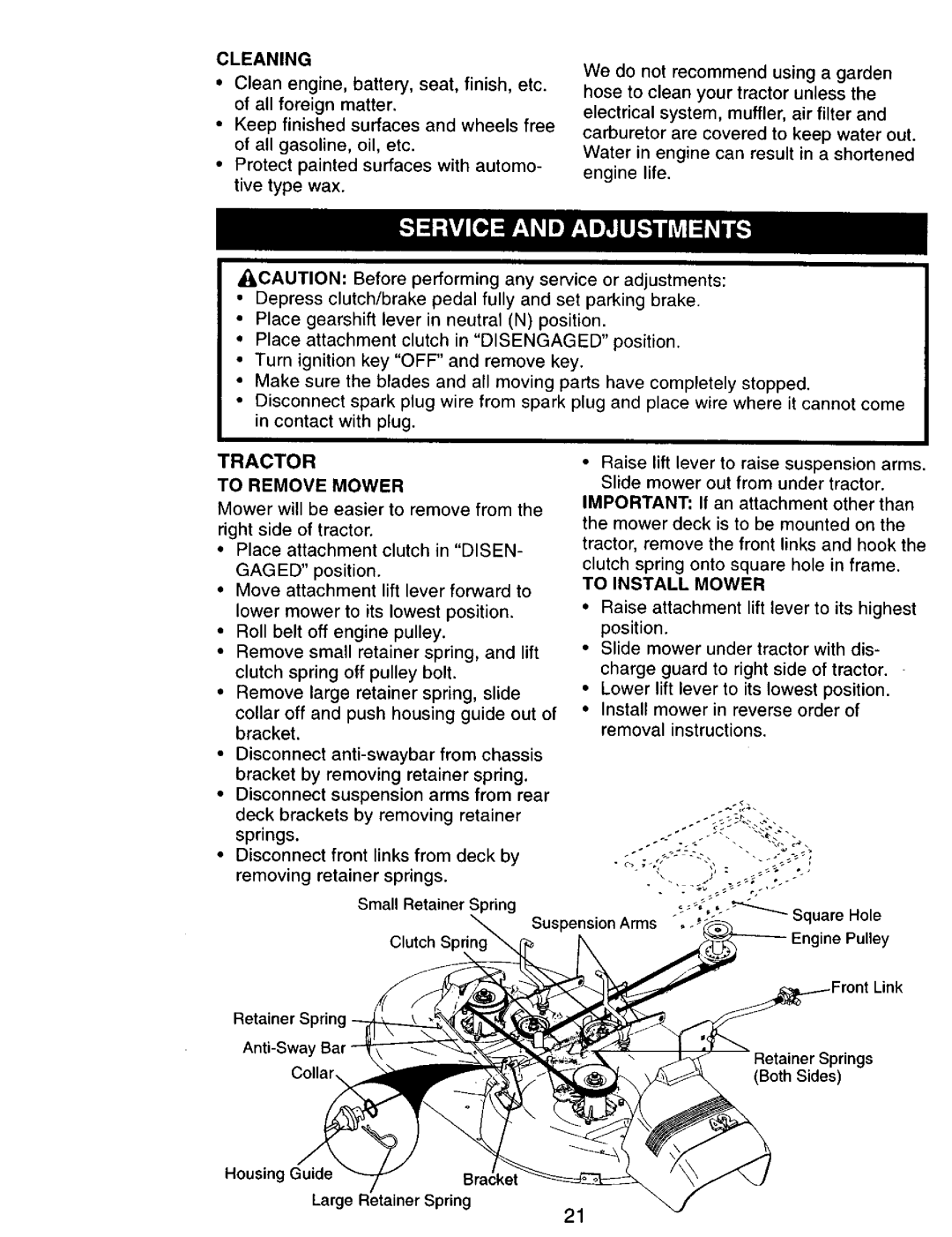 Craftsman 917.270751 owner manual Cleaning, To Remove Mower, To Install Mower 