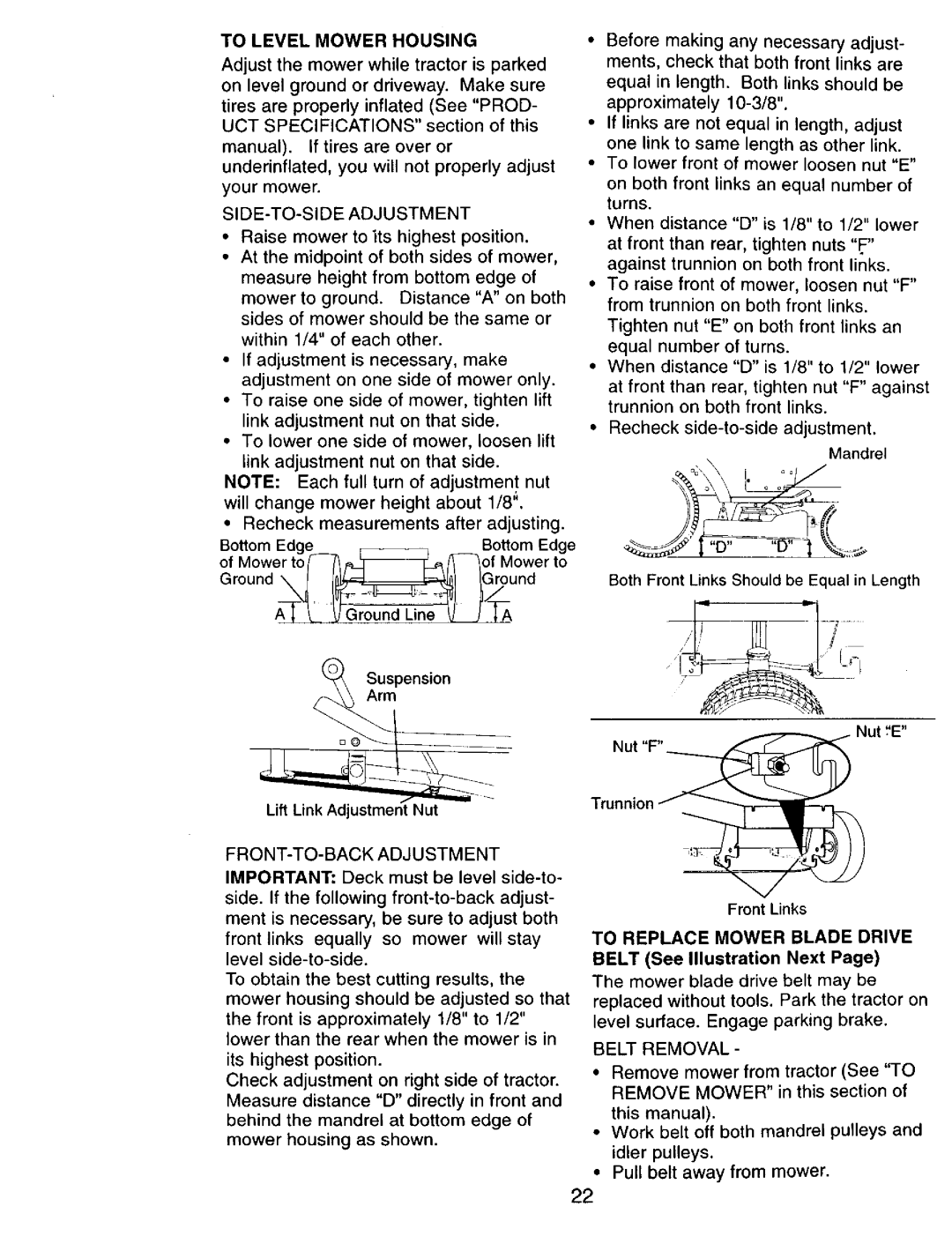 Craftsman 917.270751 owner manual To Level Mower Housing, Belt Removal 