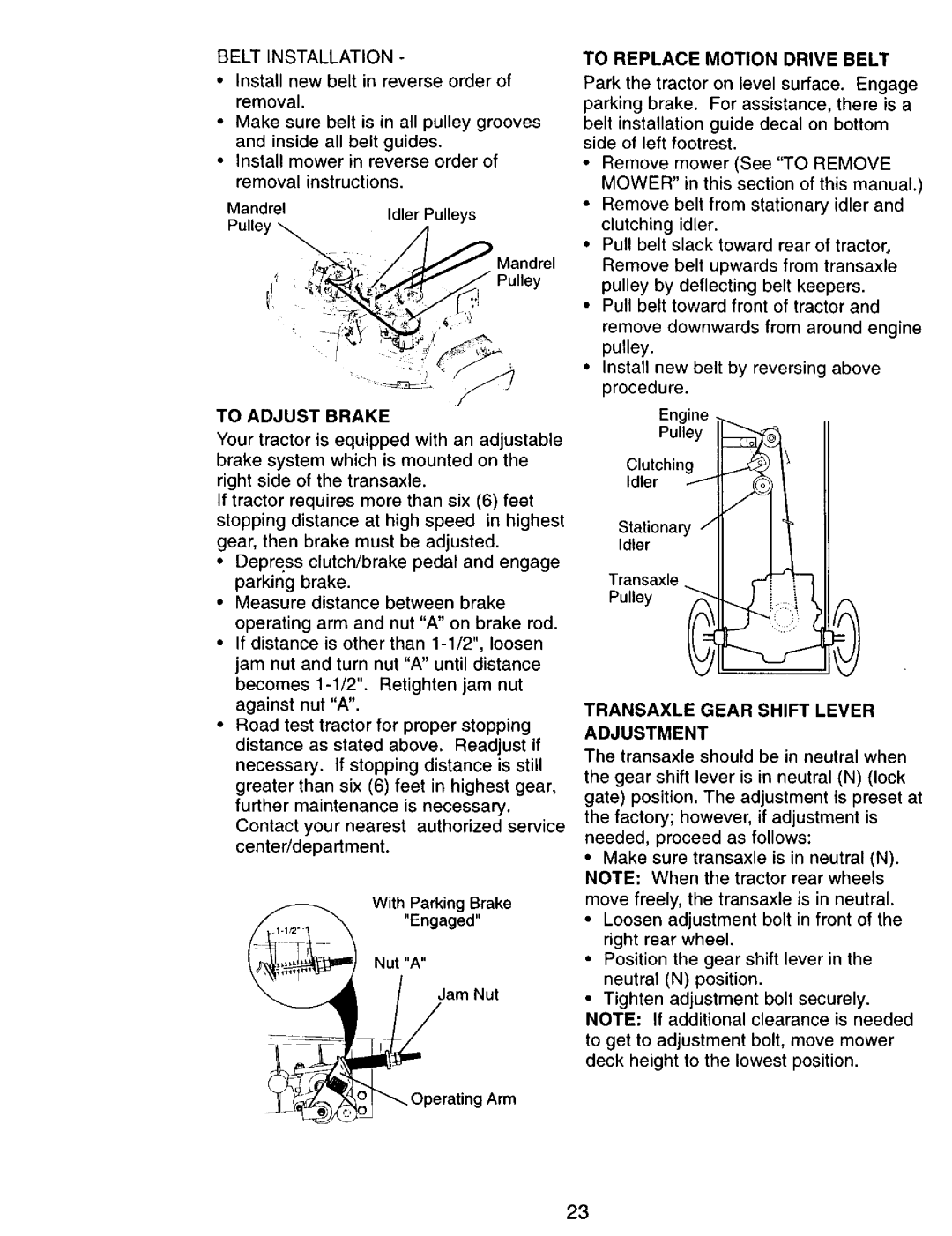 Craftsman 917.270751 owner manual Belt Installation, To Adjust Brake, To Replace Motion Drive Belt 