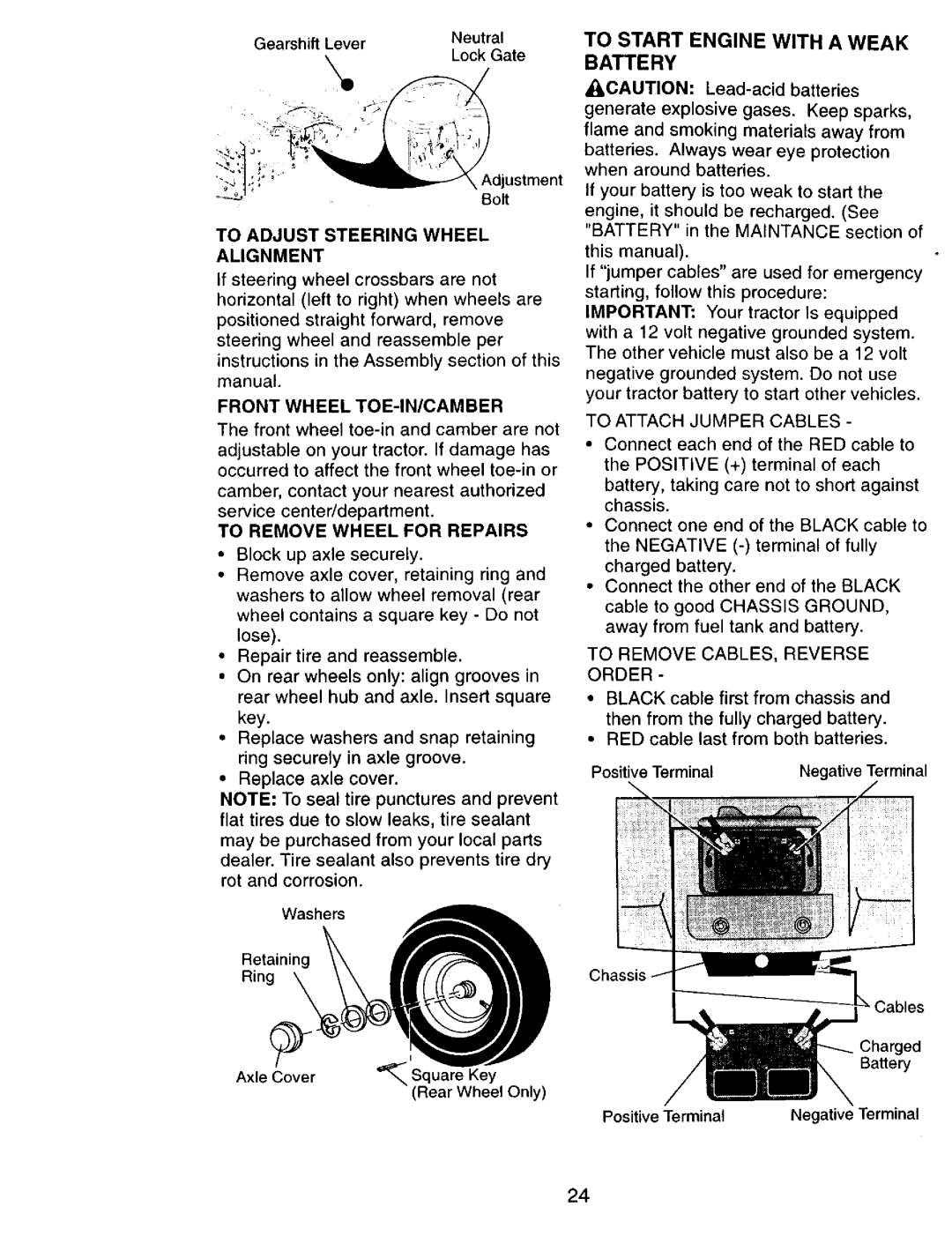 Craftsman 917.270751 To Start Engine with a Weak Battery, To Adjust Steering Wheel Alignment, Front Wheel TOE-IN/CAMBER 