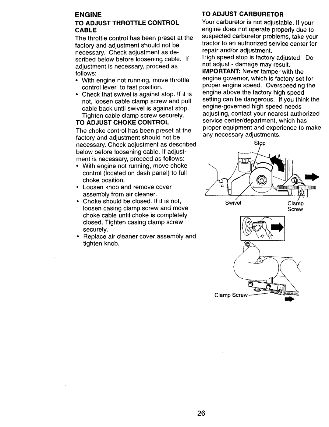 Craftsman 917.270751 owner manual To Adjust Throttle Control Cable, To Adjust Choke Control, To Adjust Carburetor 