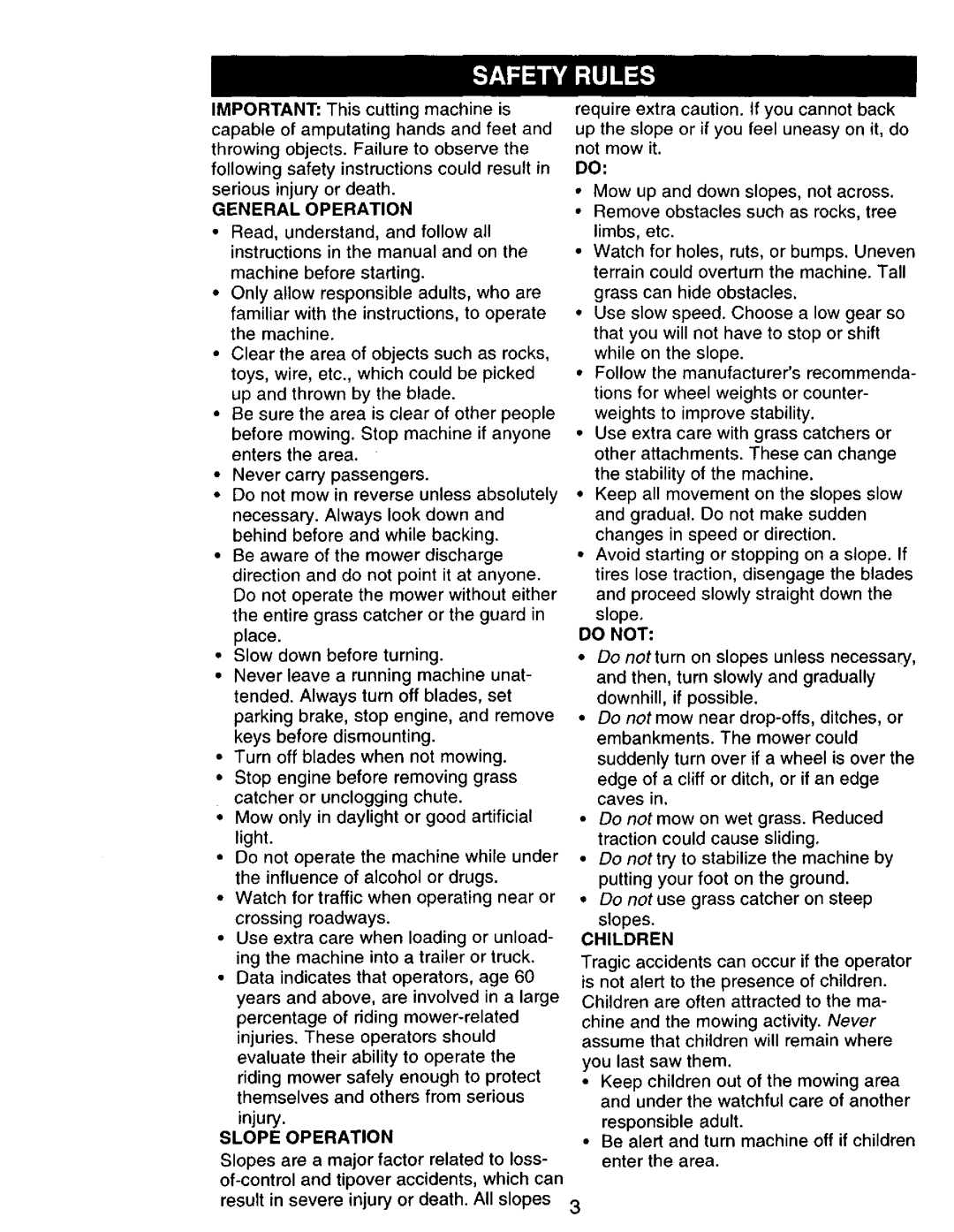 Craftsman 917.270751 owner manual General Operation, Slope Operation, Do not, Children 