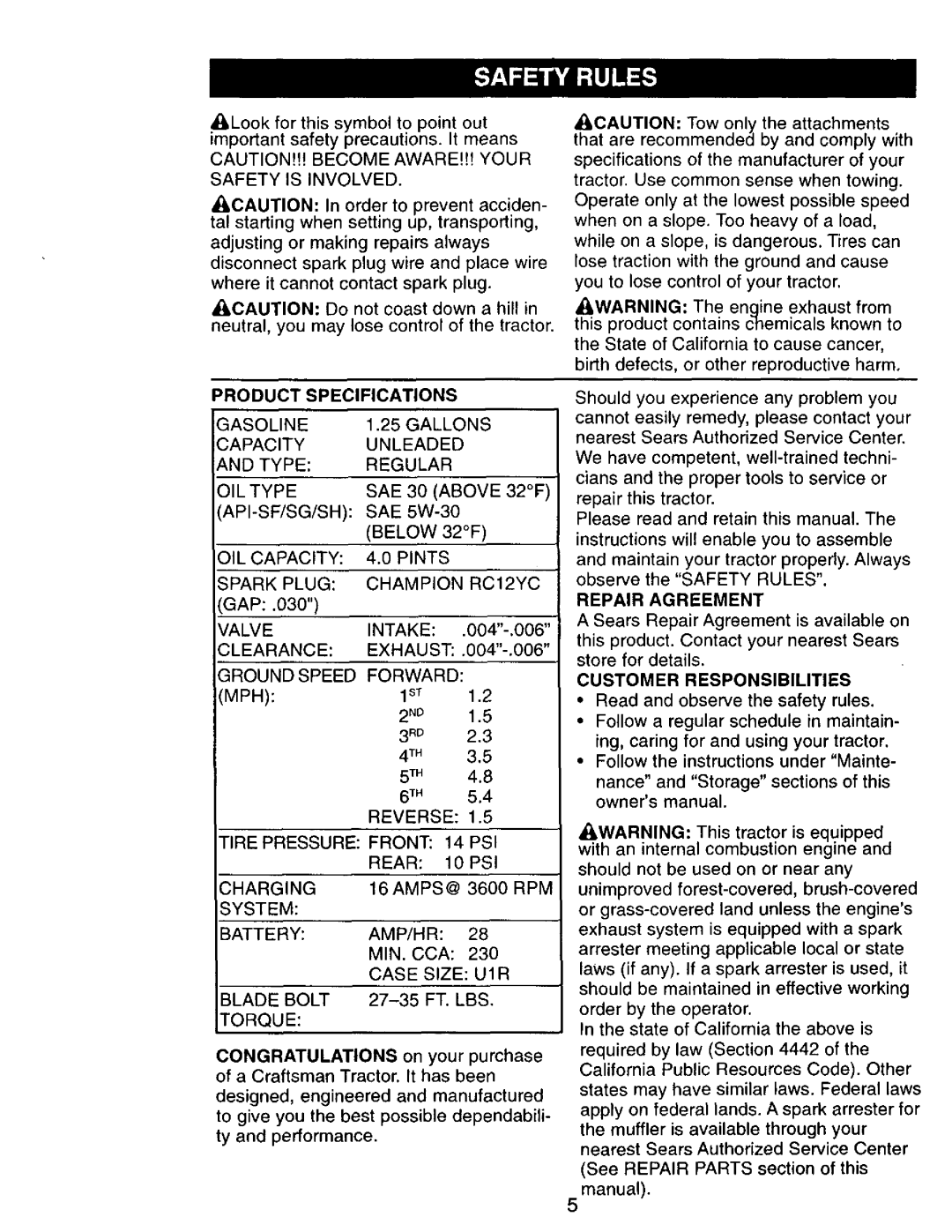Craftsman 917.270751 owner manual Product Specifications, Customer Responsibilities 