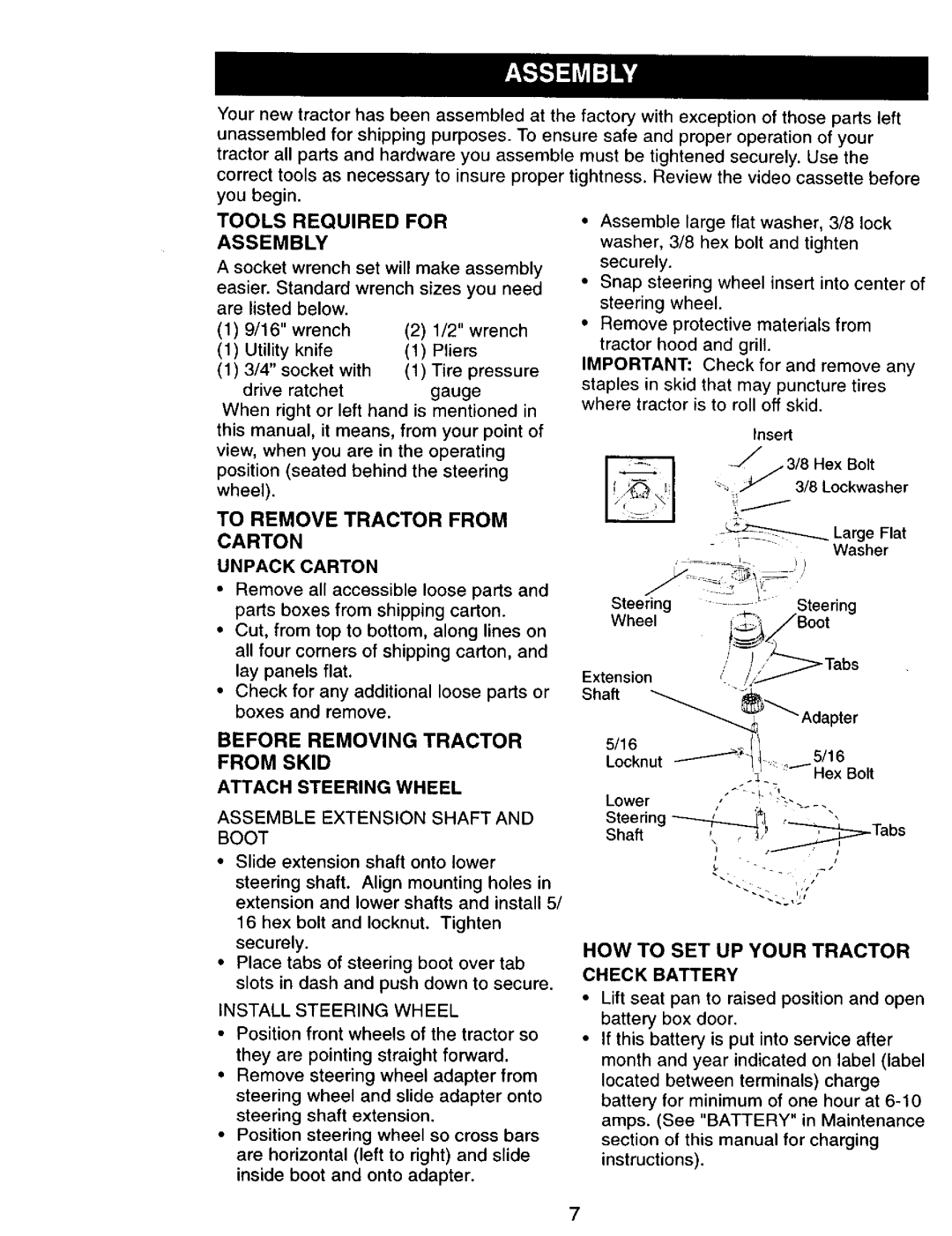 Craftsman 917.270751 Before Removing Tractor from Skid Attach Steering Wheel, HOW to SET UP Your Tractor, Unpack Carton 