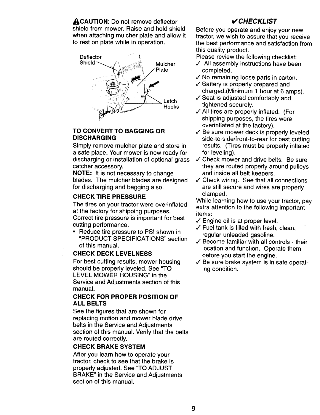 Craftsman 917.270751 To Convert to Bagging or Discharging, Check Tire Pressure, Check Deck Levelness, Check Brake System 