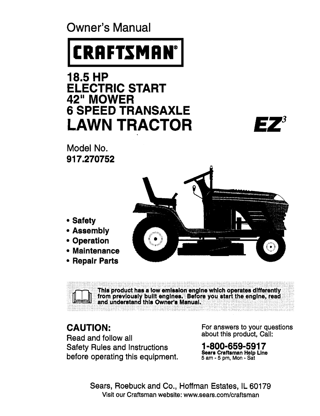 Craftsman 917.270752 owner manual Lawn Tractor 