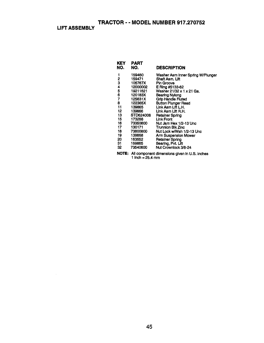 Craftsman 917.270752 owner manual Tractor - Model Number Lift Assembly 