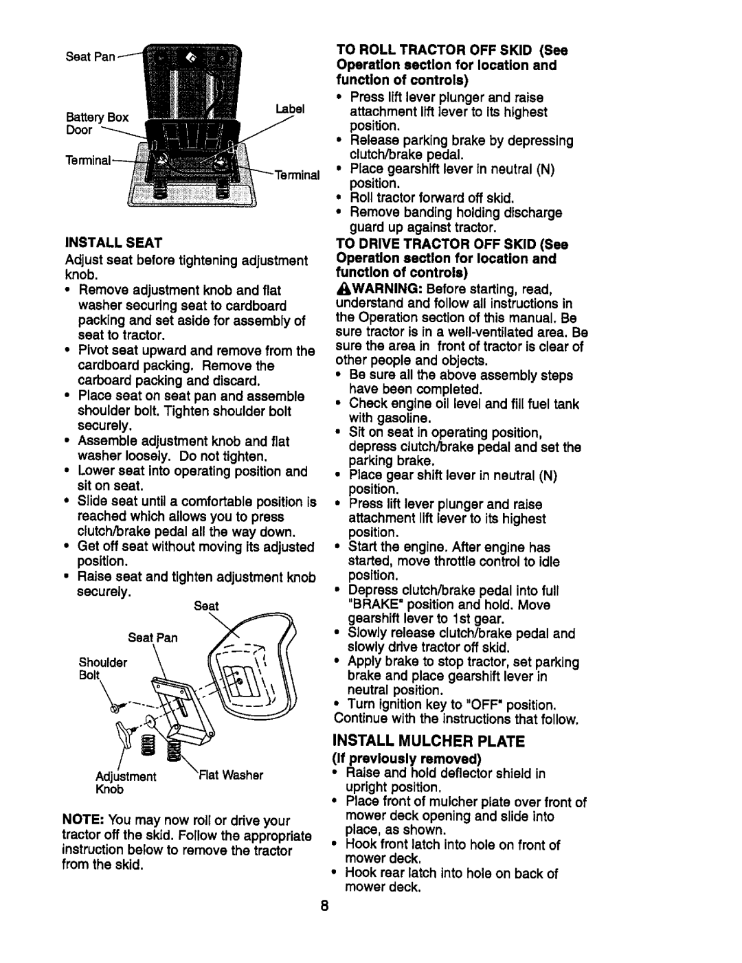 Craftsman 917.270752 owner manual Install Seat 