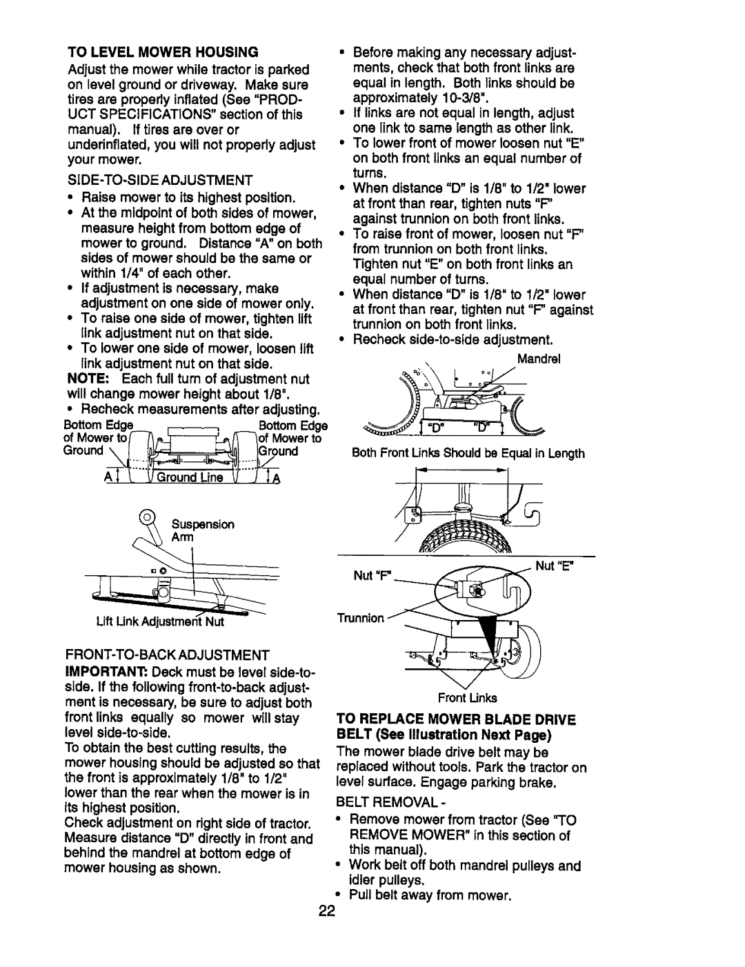 Craftsman 917.270752 owner manual To Level Mower Housing, SIDE-TO-SIDE Adjustment, Belt Removal 