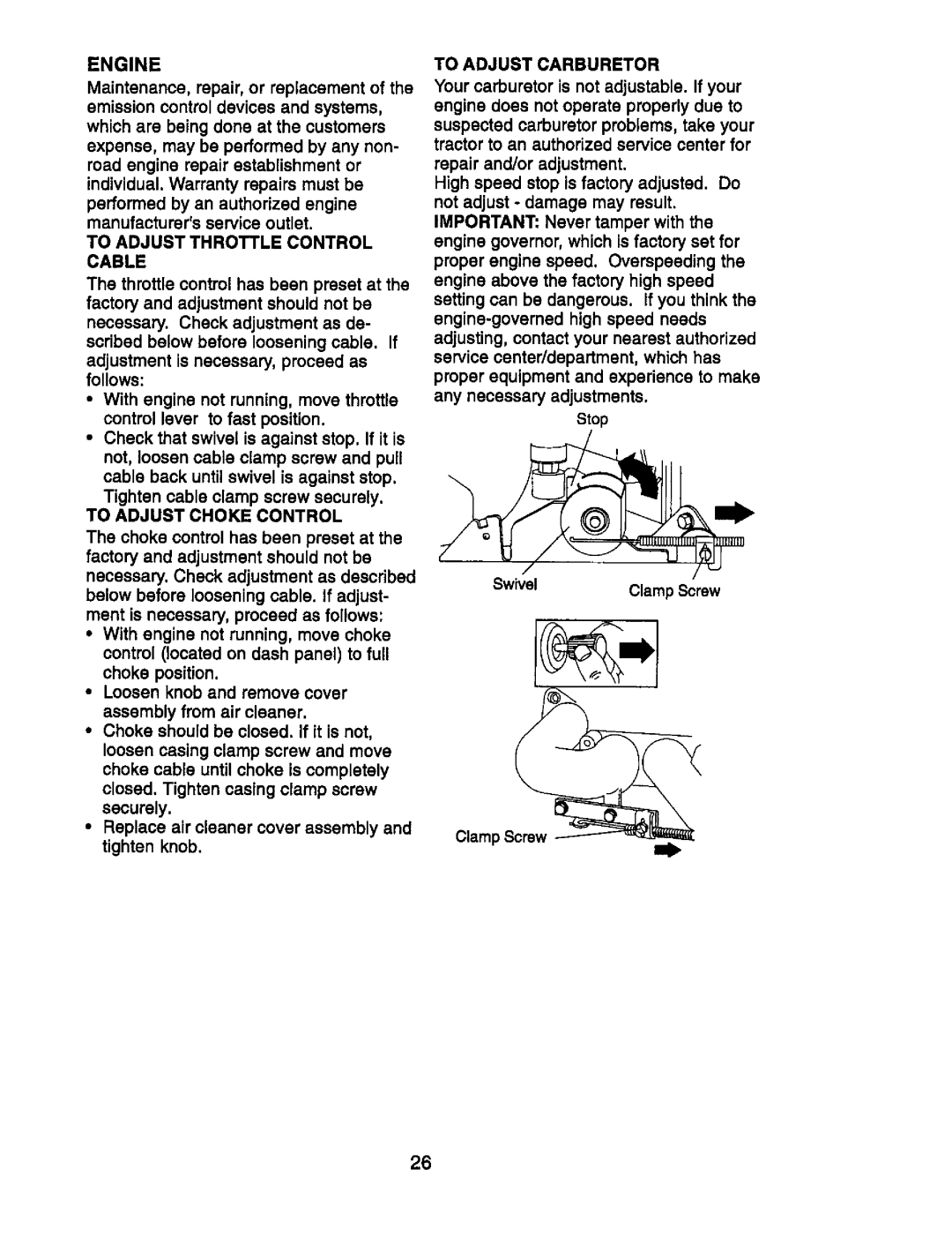 Craftsman 917.270752 owner manual To Adjust Throttle Control Cable, To Adjust Choke Control, To Adjust Carburetor 