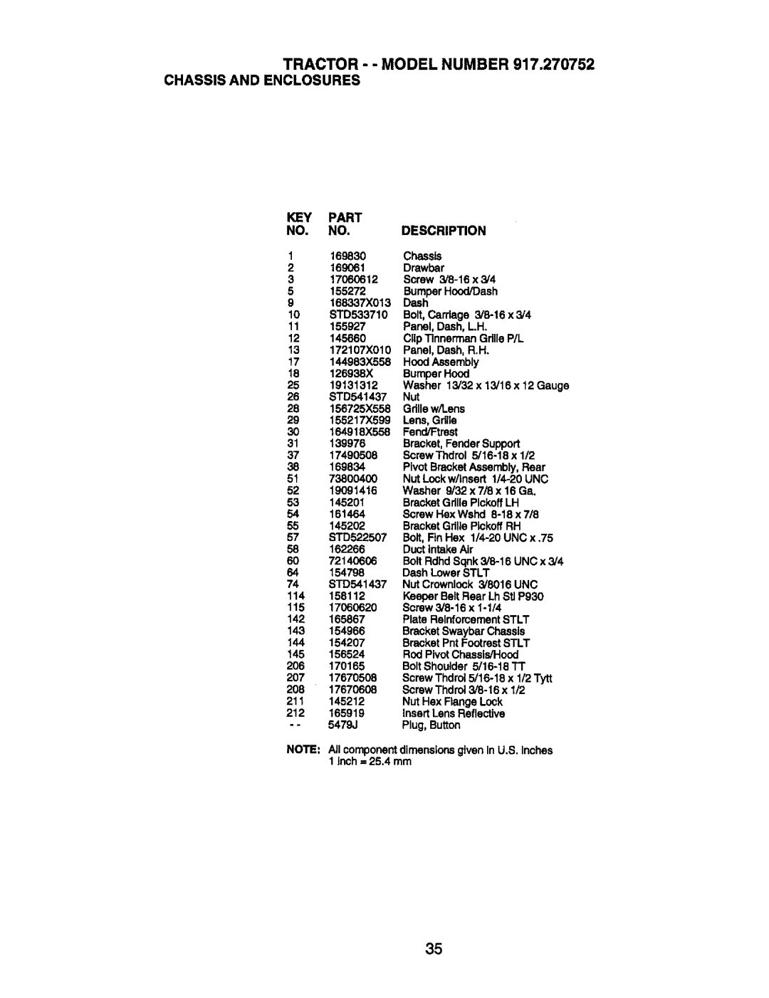 Craftsman 917.270752 owner manual Tractor - Model Number Chassis and Enclosures, KEY Part Description 