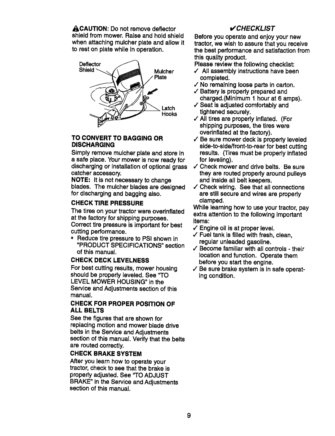 Craftsman 917.270752 To Convert to Bagging or Discharging, Check Tire Pressure, Check Deck Levelness, Check Brake System 