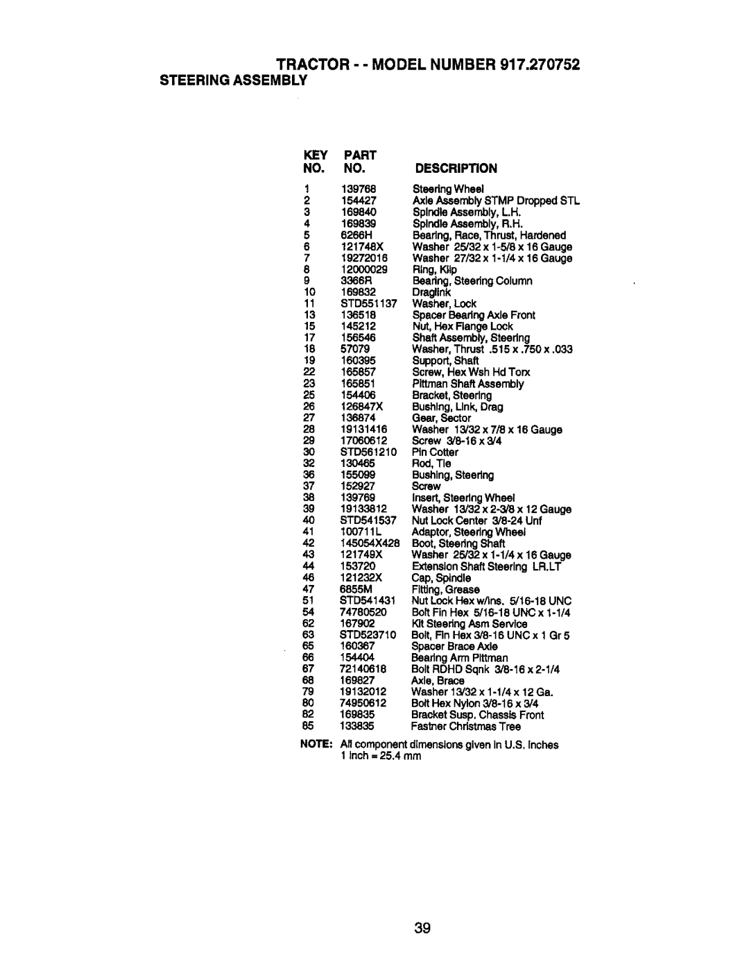 Craftsman 917.270752 owner manual Tractor --MODEL Number Steering Assembly 