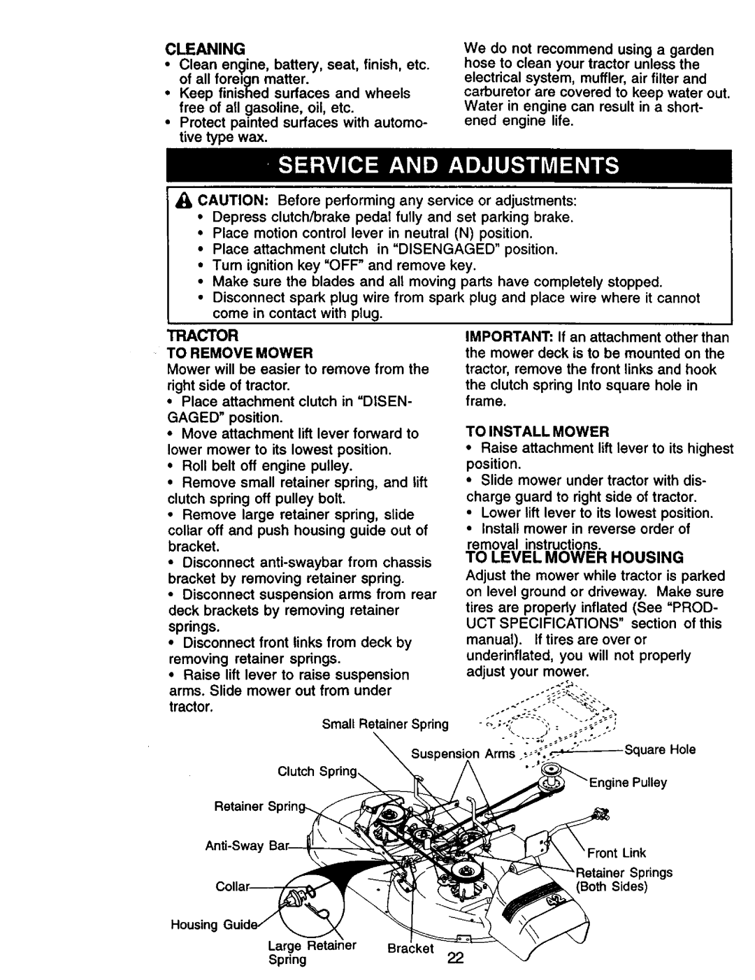 Craftsman 917.27076 manual Cleaning, To Remove Mower, Gaged, To Install Mower, To Level Mower Housing 