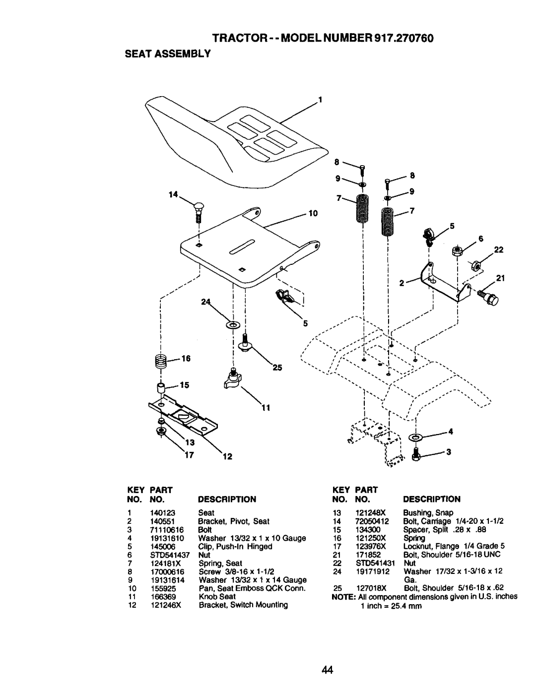 Craftsman 917.27076 manual Tractor - Model Number Seat Assembly 