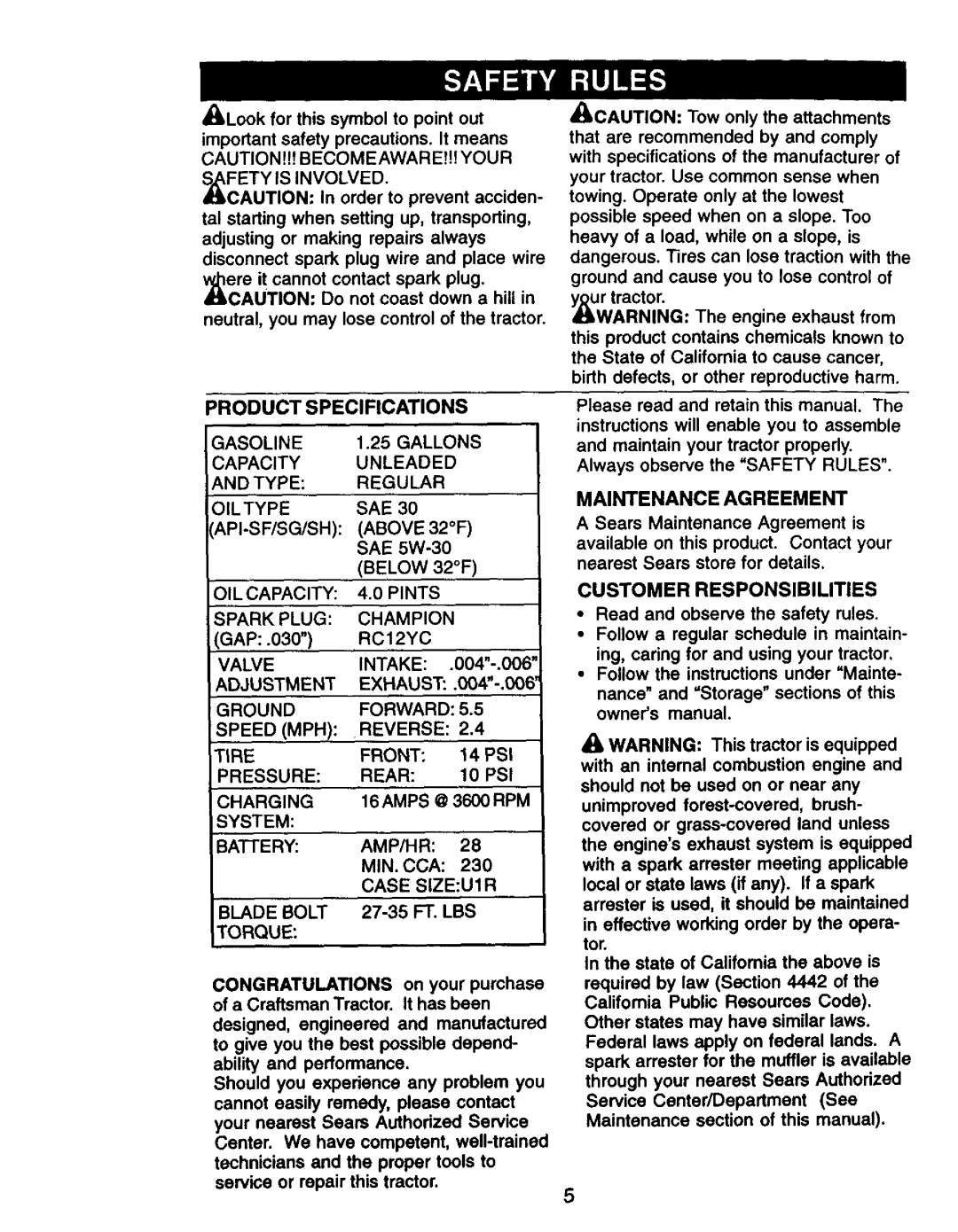 Craftsman 917.27076 manual Maintenance Agreement, Product Specifications 