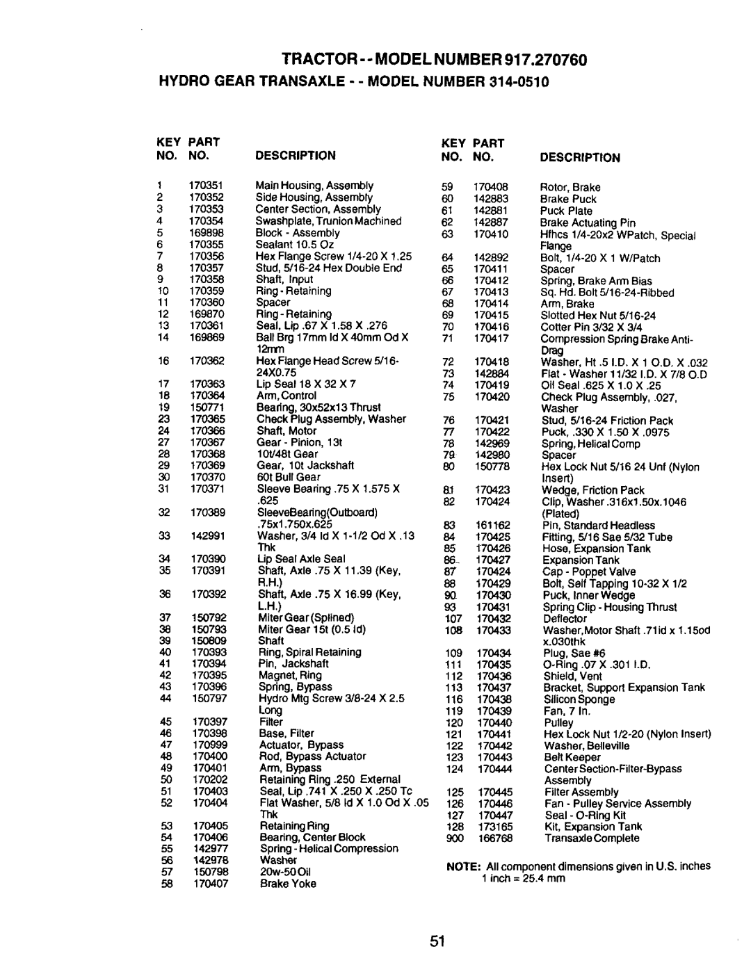 Craftsman 917.27076 manual Tractor - Model Number Hydro Gear Transaxle - Model Number, 75x1.750x.625 